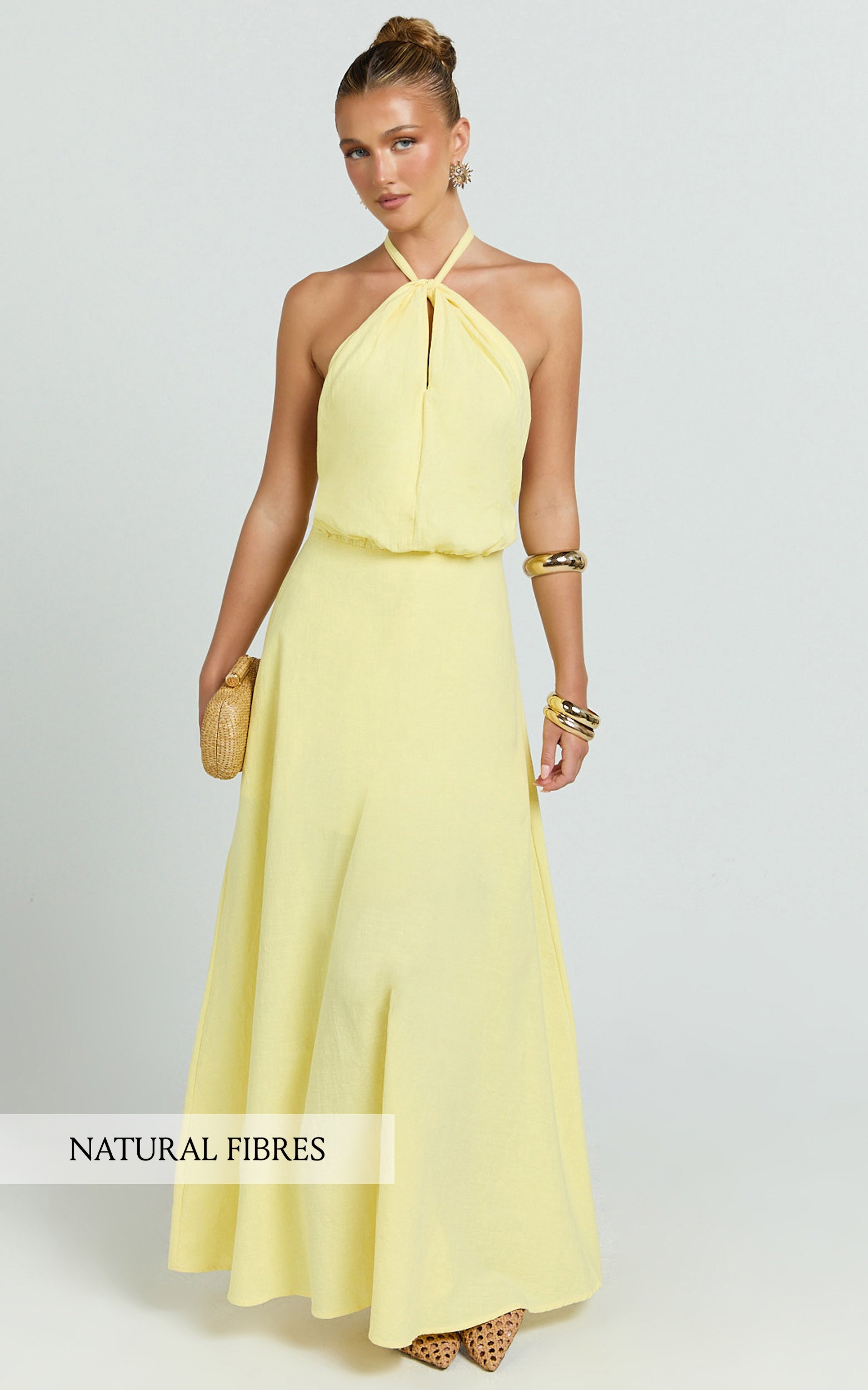 Violetta Maxi Dress - Backless Linen Look Hater Neck Dress in Lemon