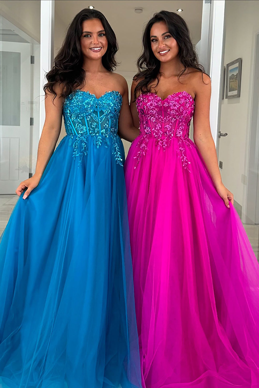 Long A-Line Tulle Prom Dress in Fuchsia with Strapless Corset and Appliques