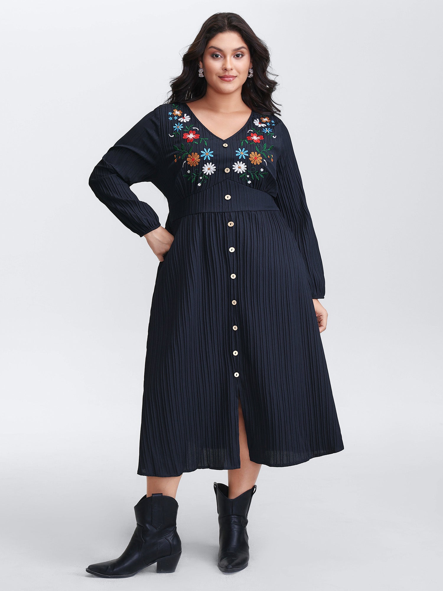 Floral Embroidered Cinched-Waist Midi Dress