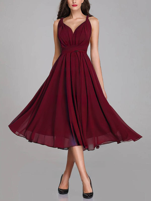 Gorgeous A-Line V-Neck Tea-Length Sleeveless Bridesmaid Dresses