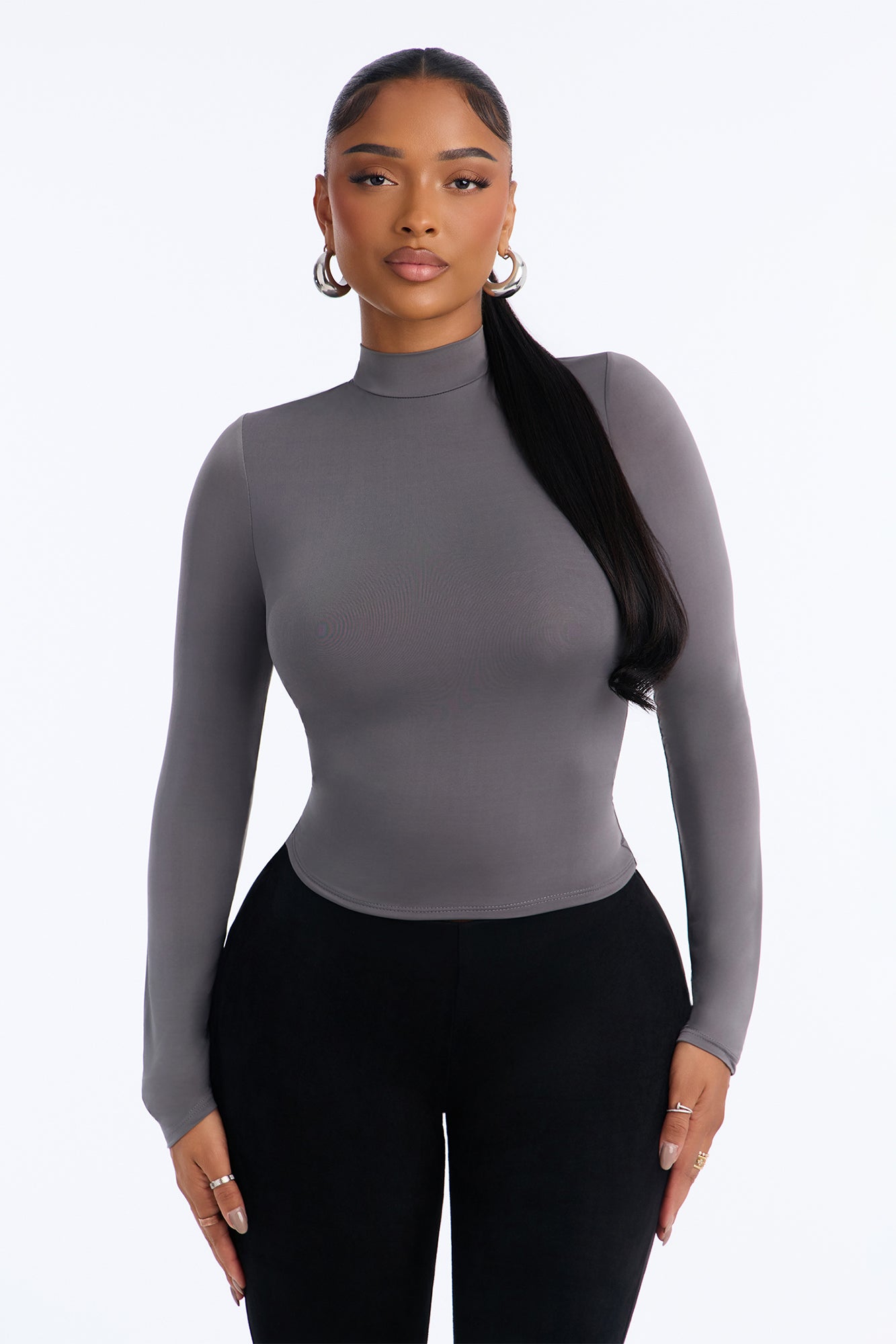 Danielle Double Lined Mock Neck Top - Grey