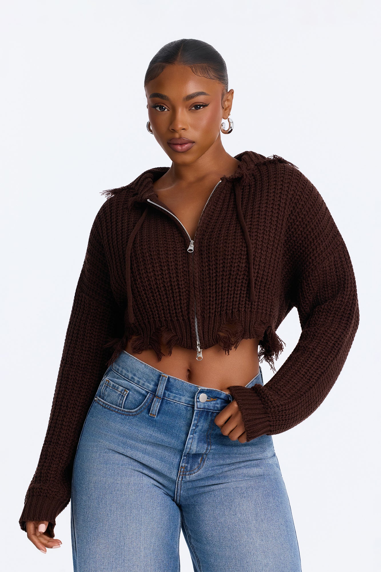 Emery Distressed Cropped Cardigan Sweater - Chocolate