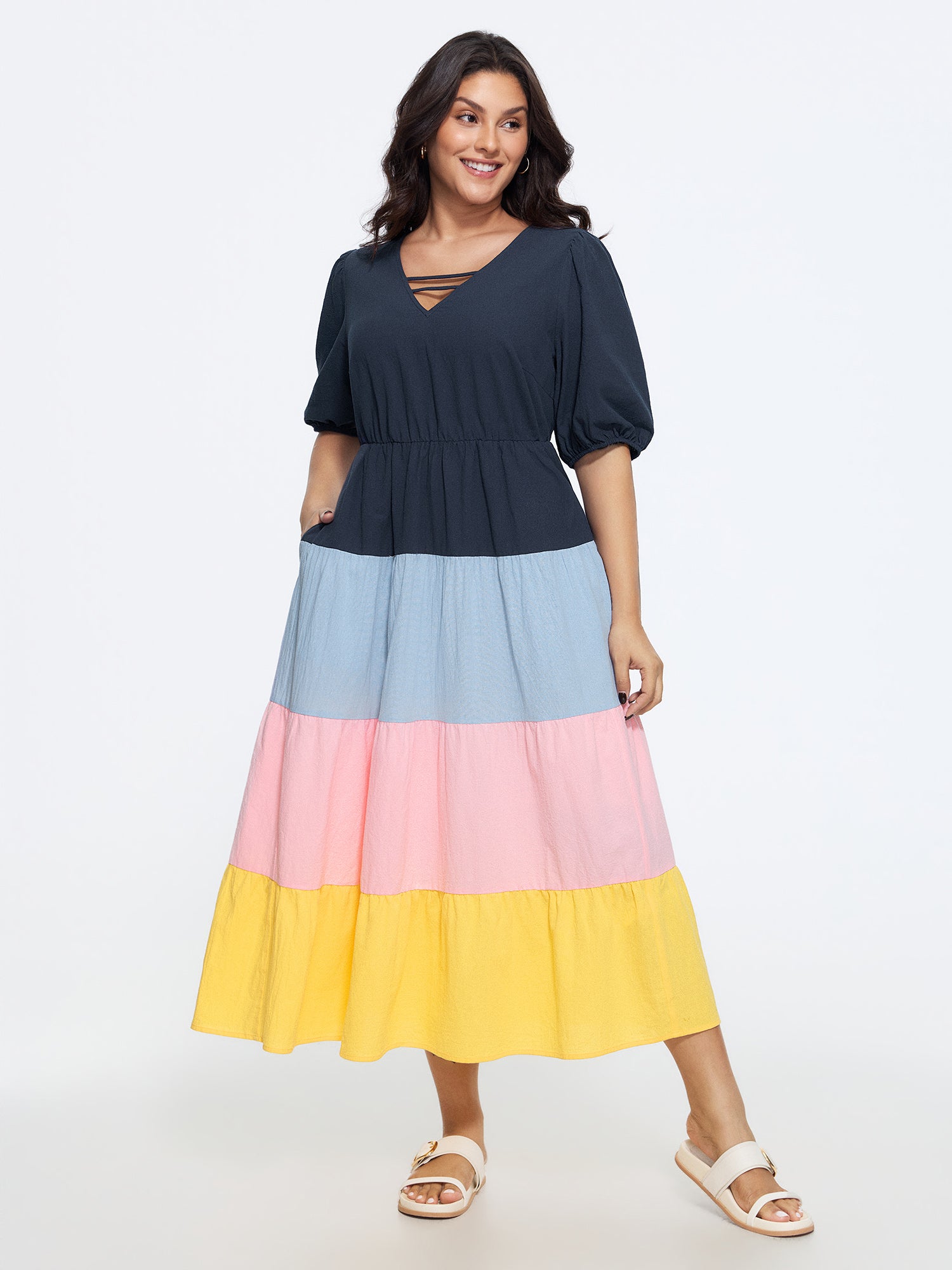 Cotton Color Block Tiered Maxi Dress