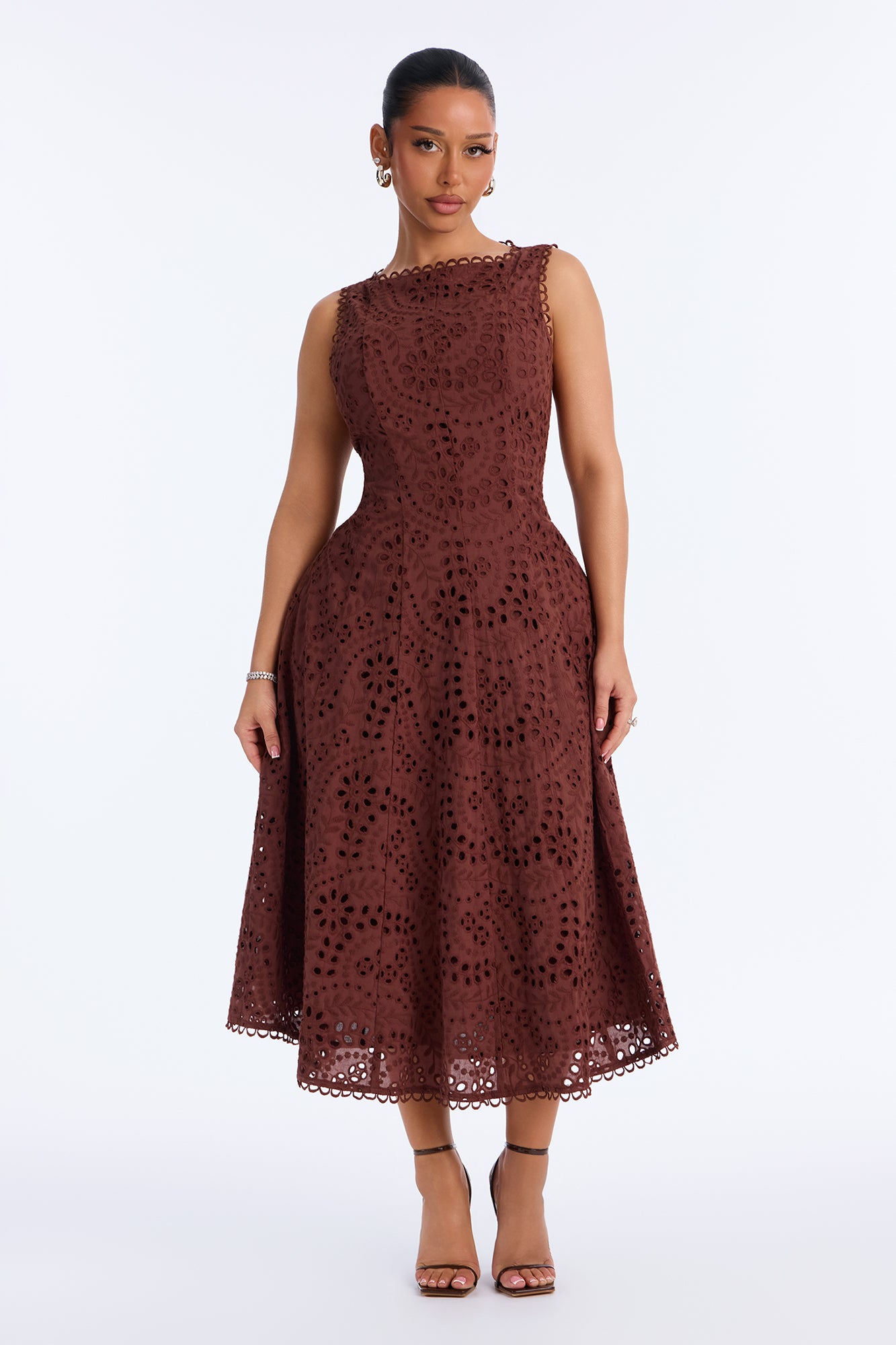 Sweet Sunday Eyelet Midi Dress - Brown