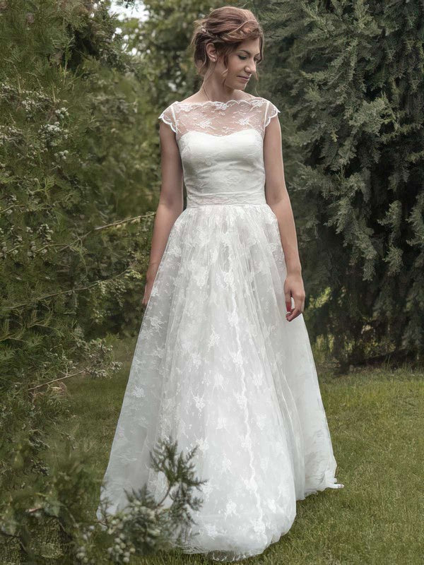 Trendy Lace Bateau Ball Gown Wedding Dresses with Sweep Train