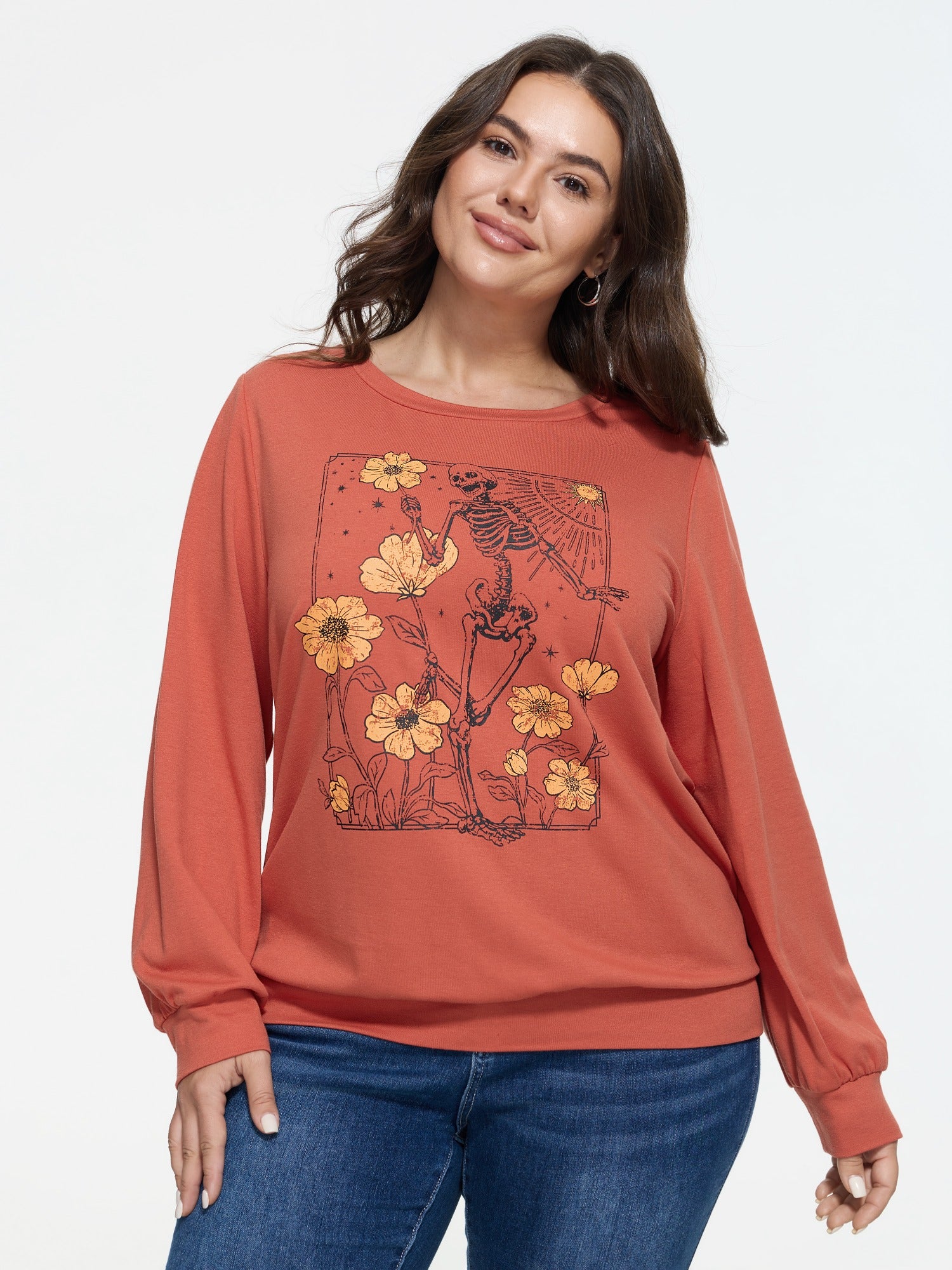 Vintage Skull Sunflower Print Crew Neck Sweatshirt