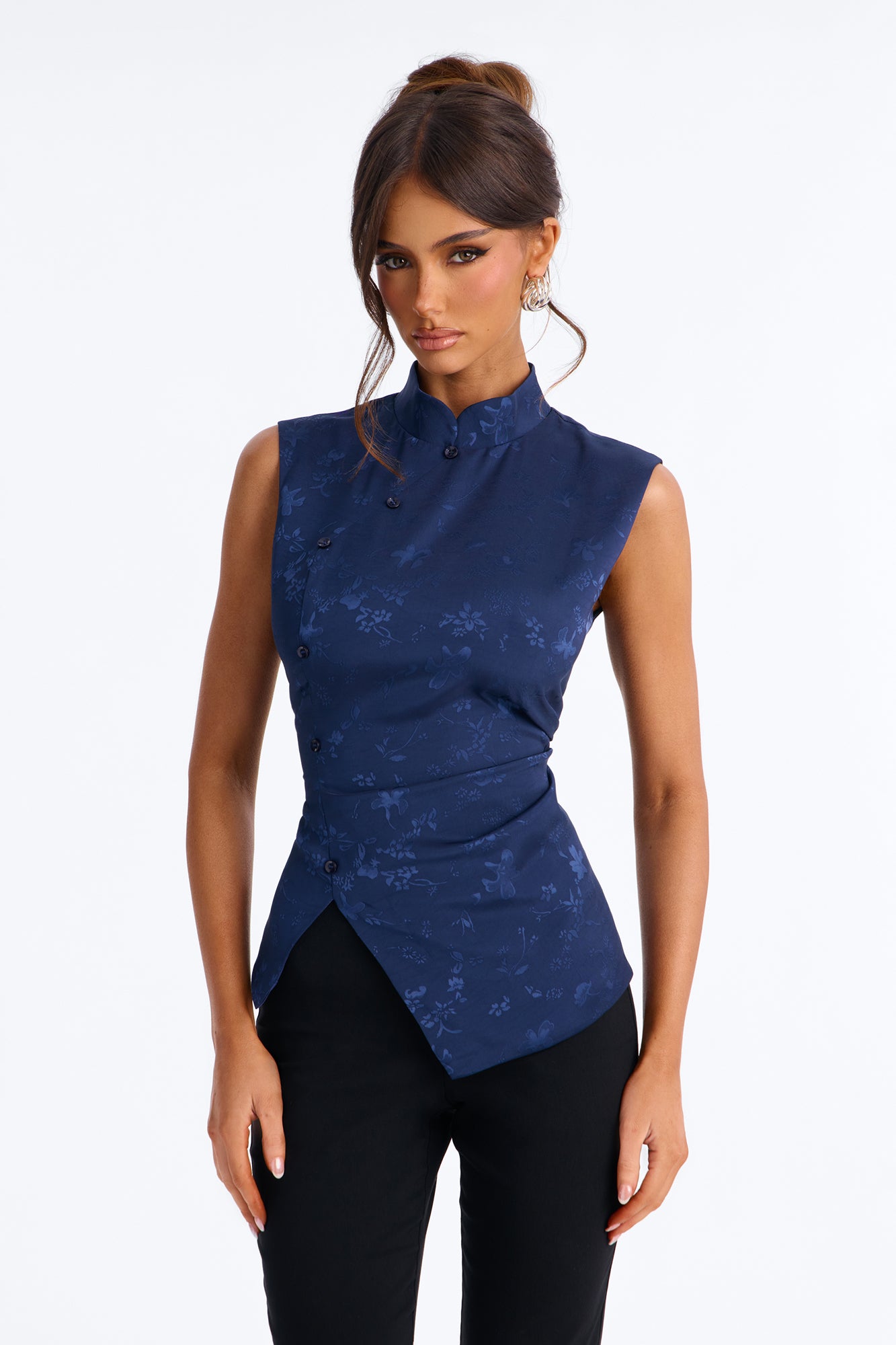 Familiar Feeling Satin Mock Neck Blouse - Navy