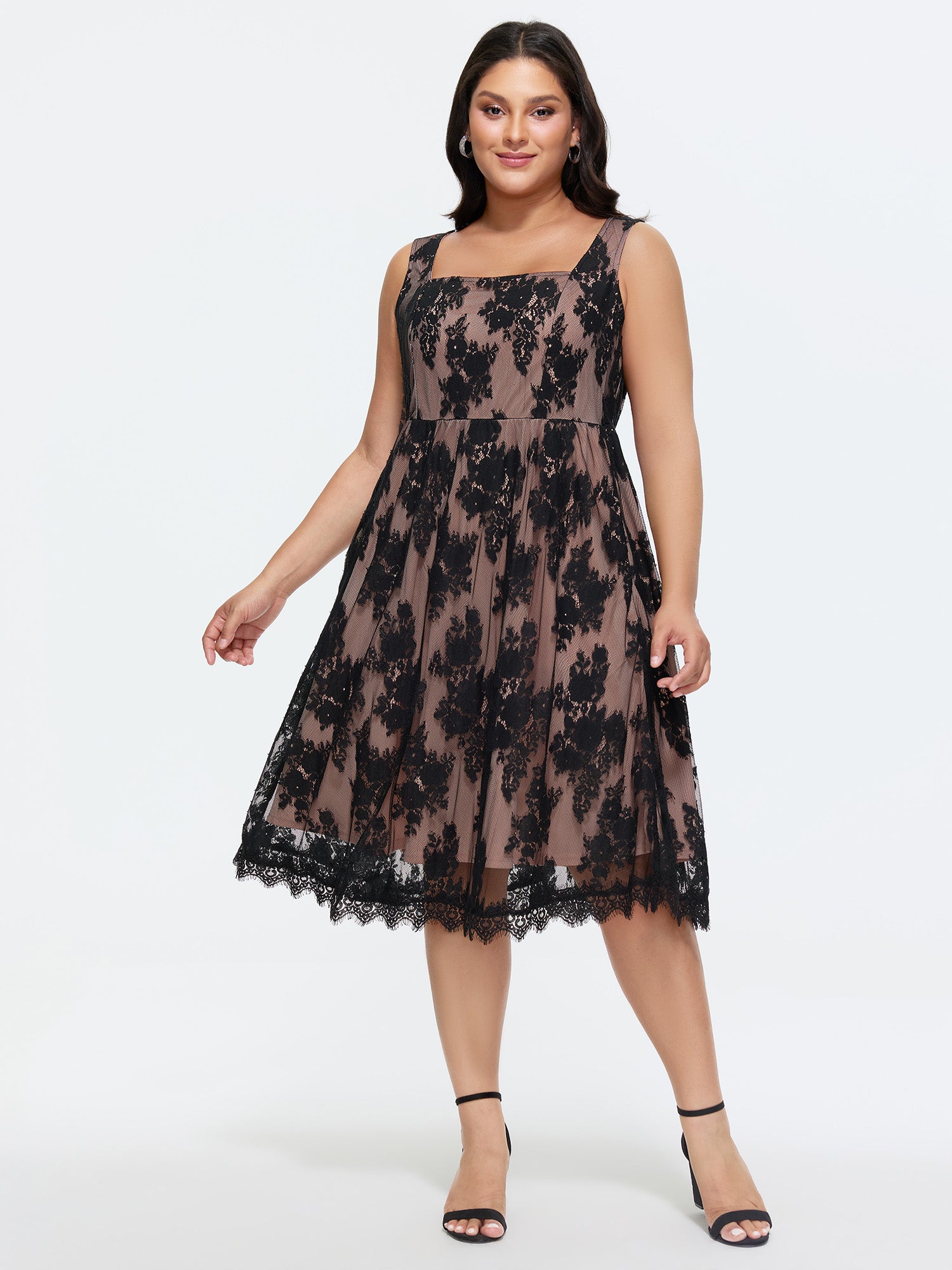 Floral Lace Mesh Fit And Flare Midi Dress