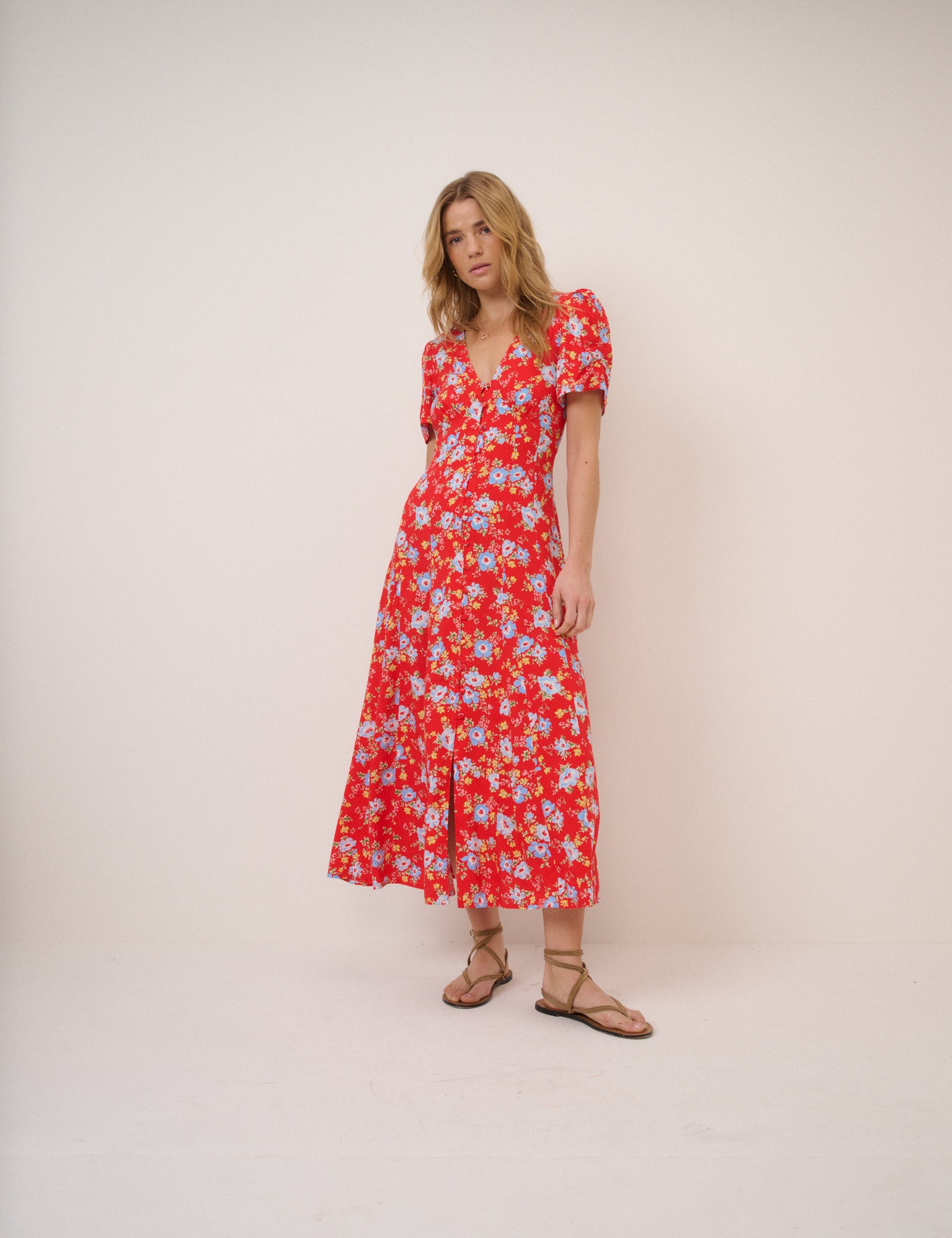 Red Floral Bonnie Midi Dress