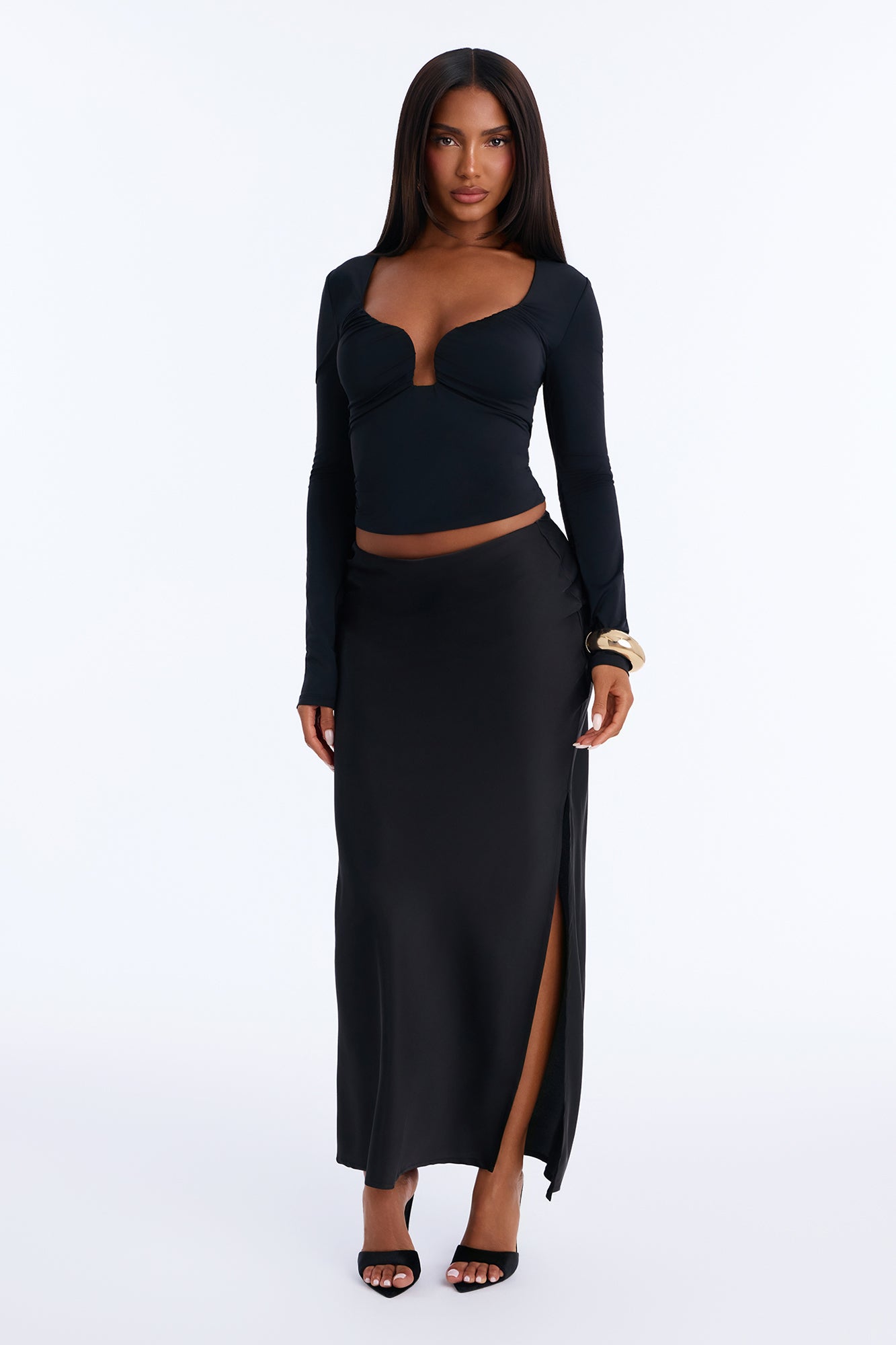 Bella Low Rise Satin Ankle Maxi Skirt - Black