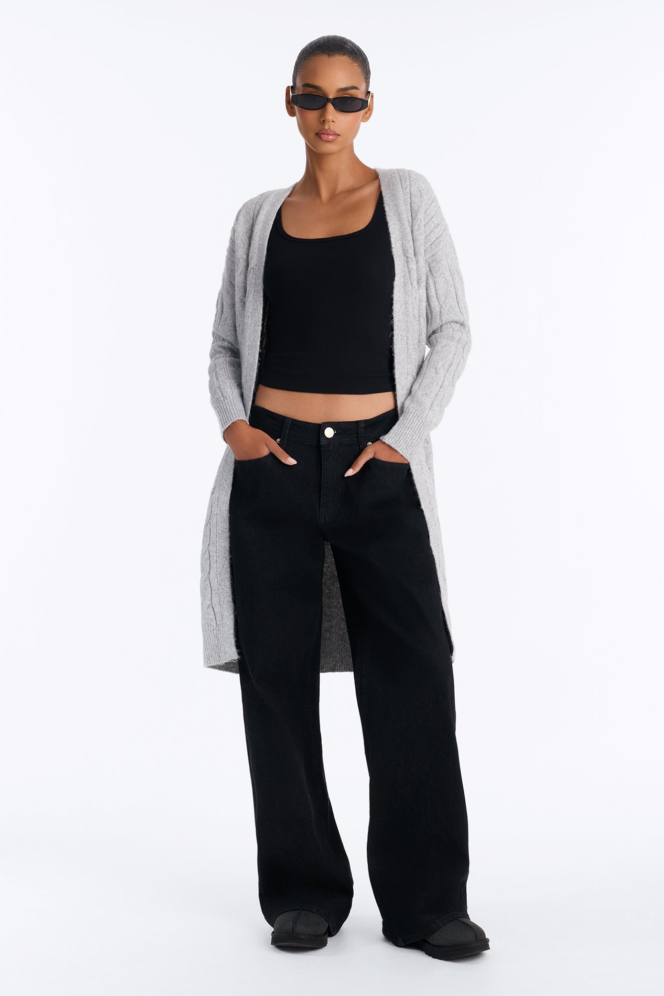 Natalie Cable Knit Long Sleeve Cardigan - HeatherGrey