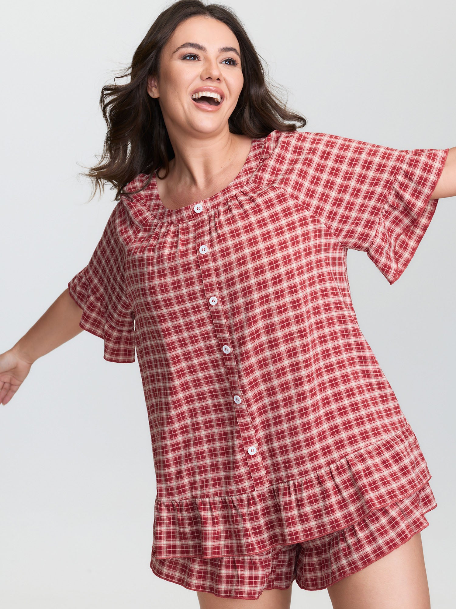 Gingham Print Ruffled Hem Co-ord Pajama Set