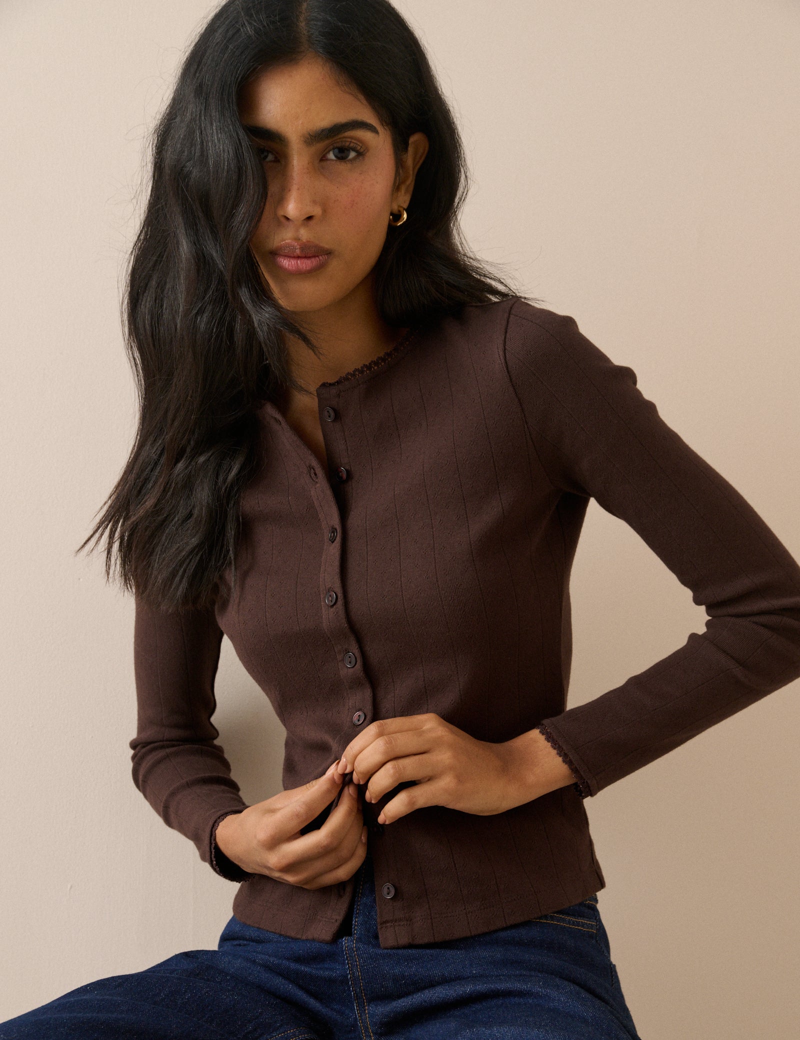 Chocolate Brown Pointelle Jersey Cardigan