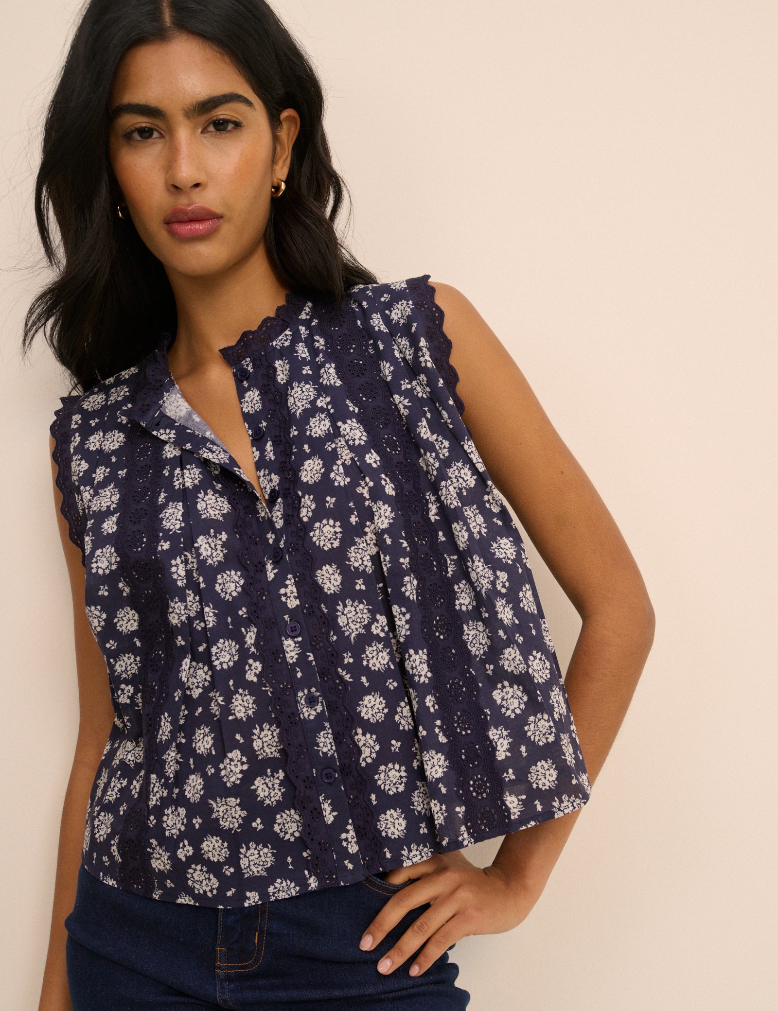 Navy Floral Broderie Anglaise Trim Blouse