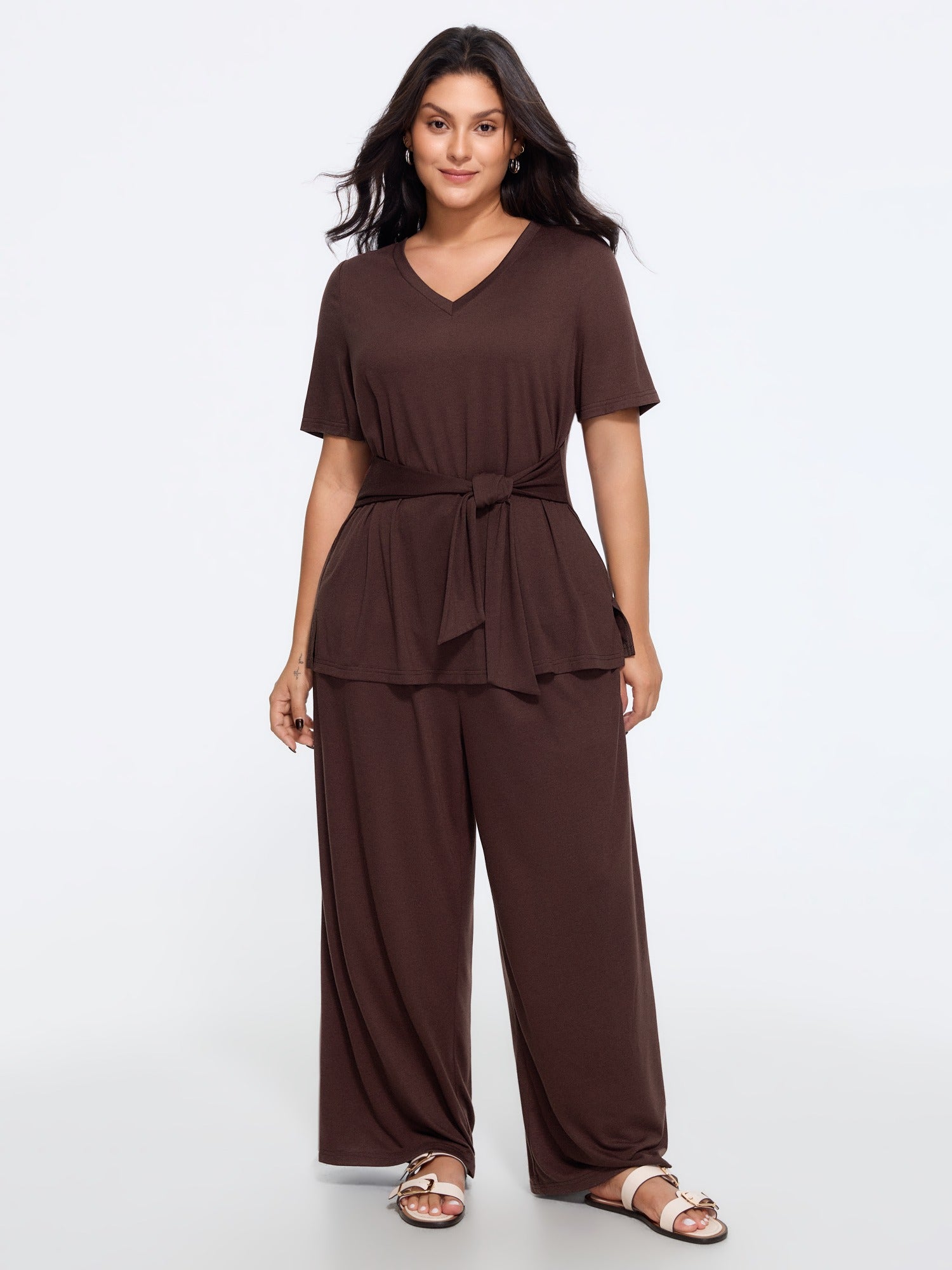 Supersoft Stretchy V Neck Tie Waist Two-Piece Set