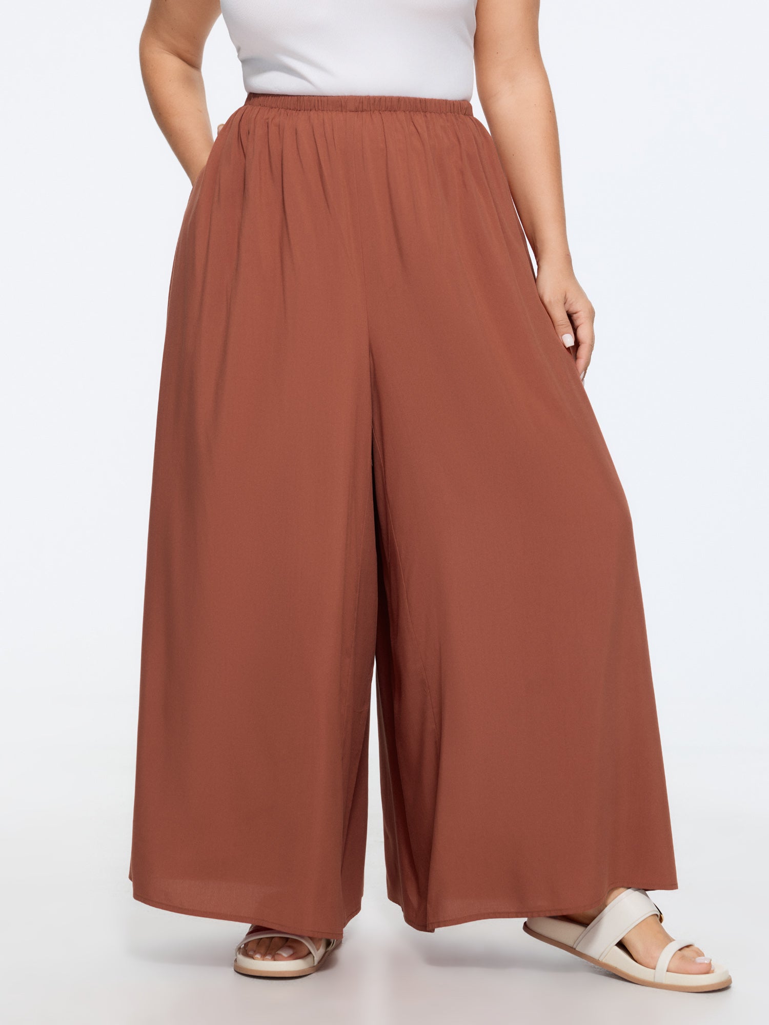 Shirred Waist Plain Flowy Wide-Leg Pants