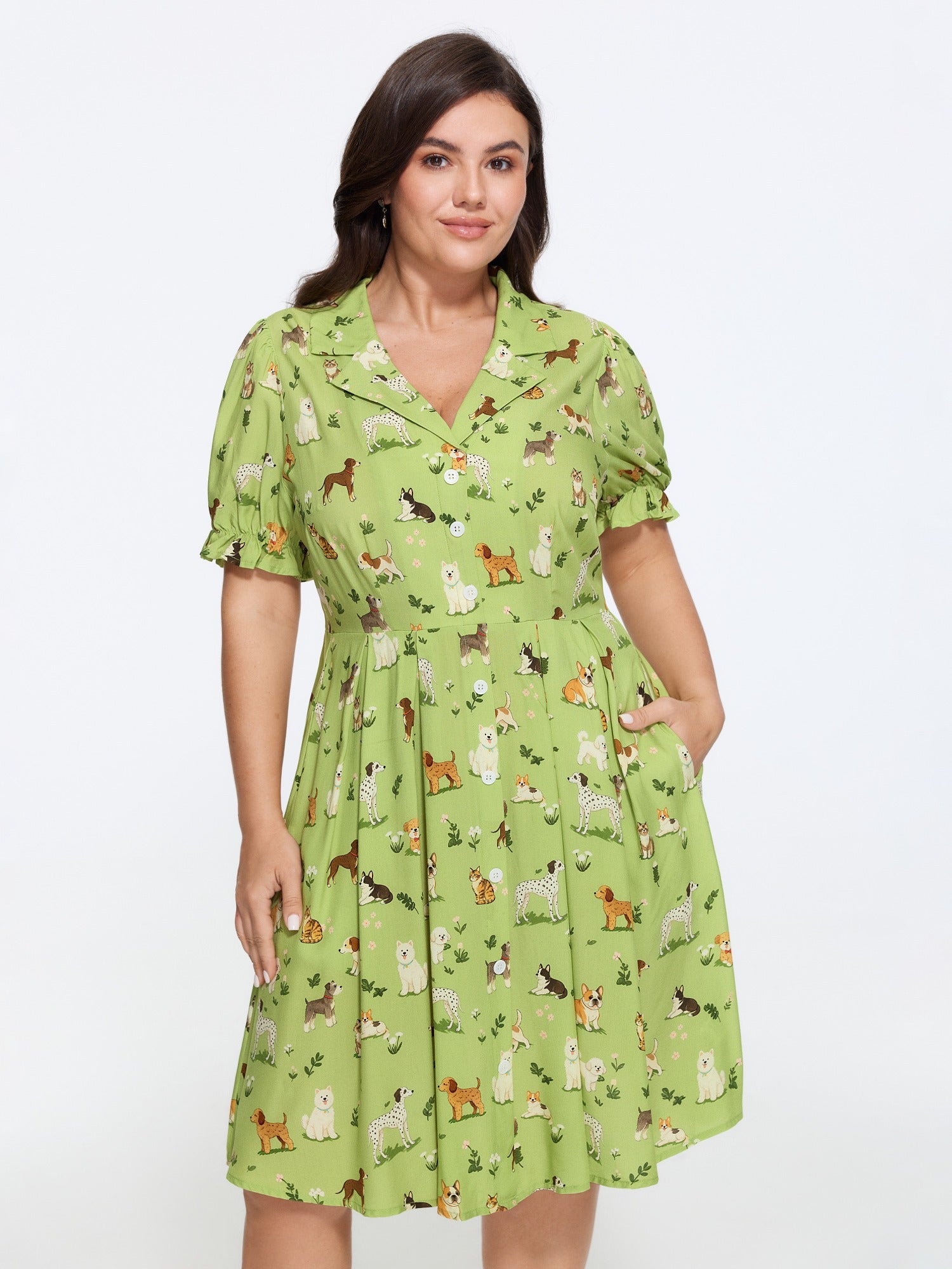 Supersoft Dog Print Button Front Pockets Mini Dress