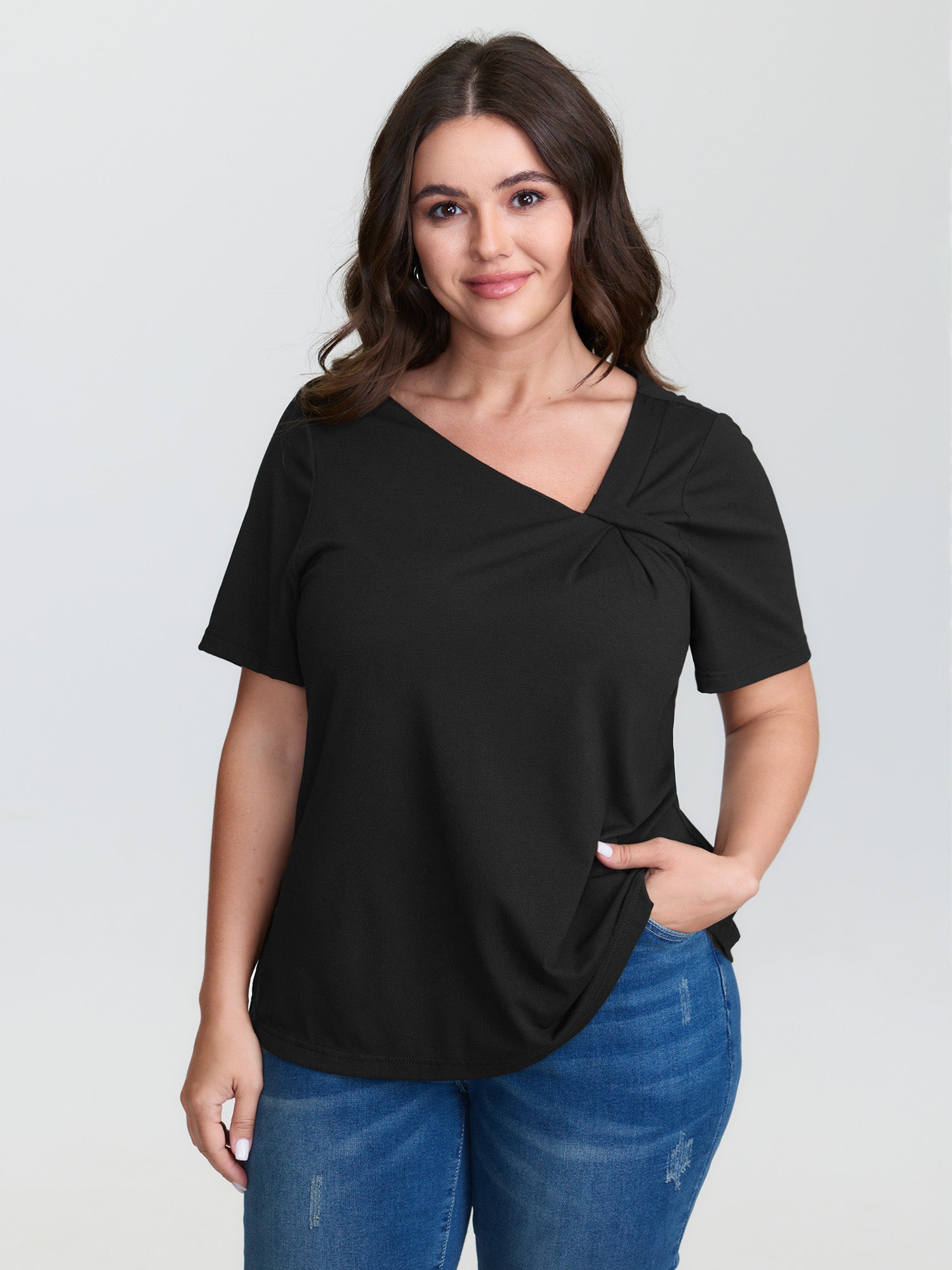 Stretchy Asymmetrical Neckline T-Shirt