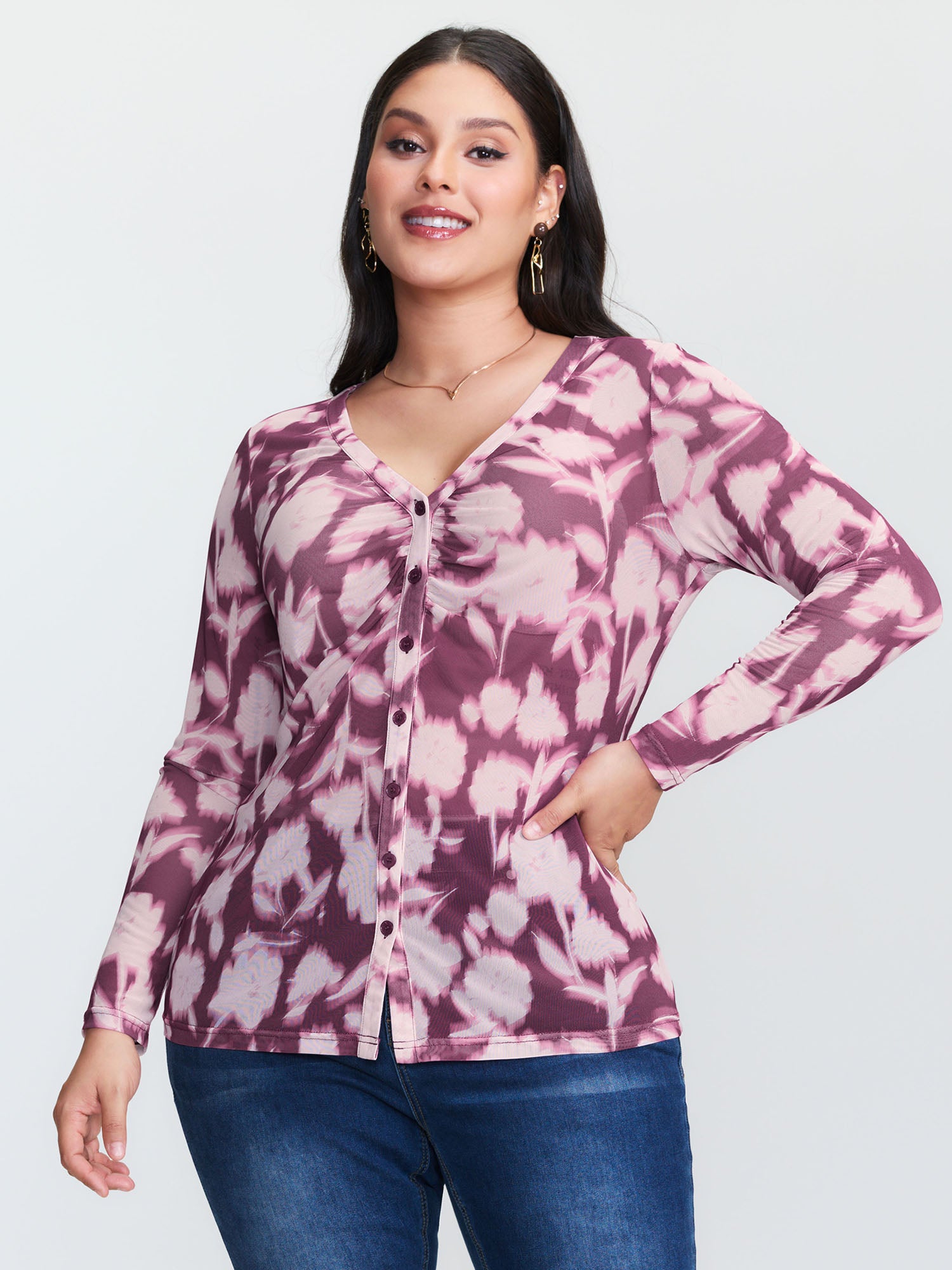 Floral Print Stretchy Shirred Bodice T-Shirt