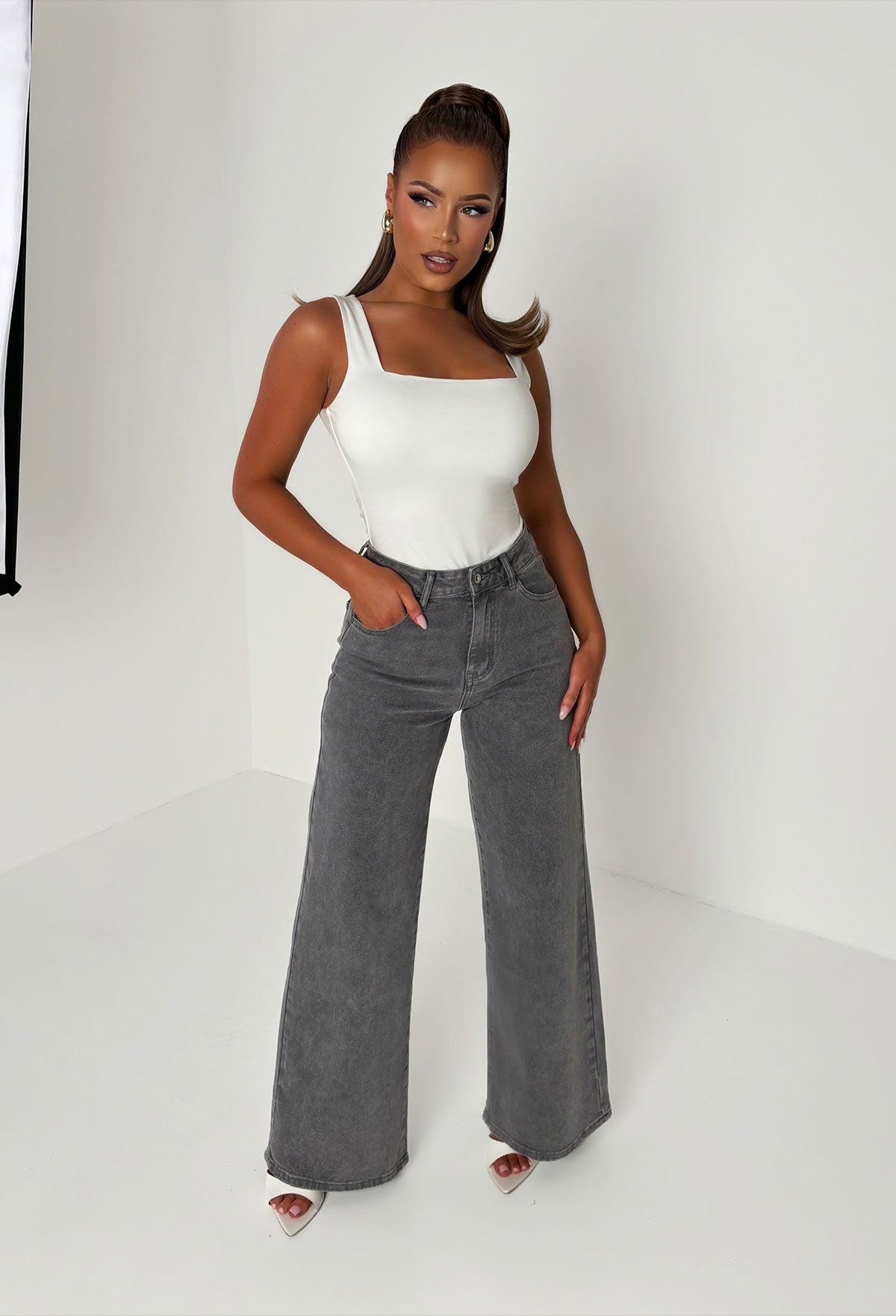 Rae Grey Super-Stretchy Flared Wide Leg Jeans