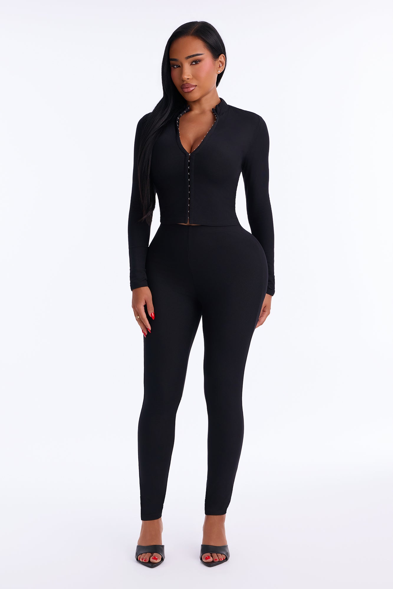 Gianna Hook And Eye Mesh Pant Set - Black