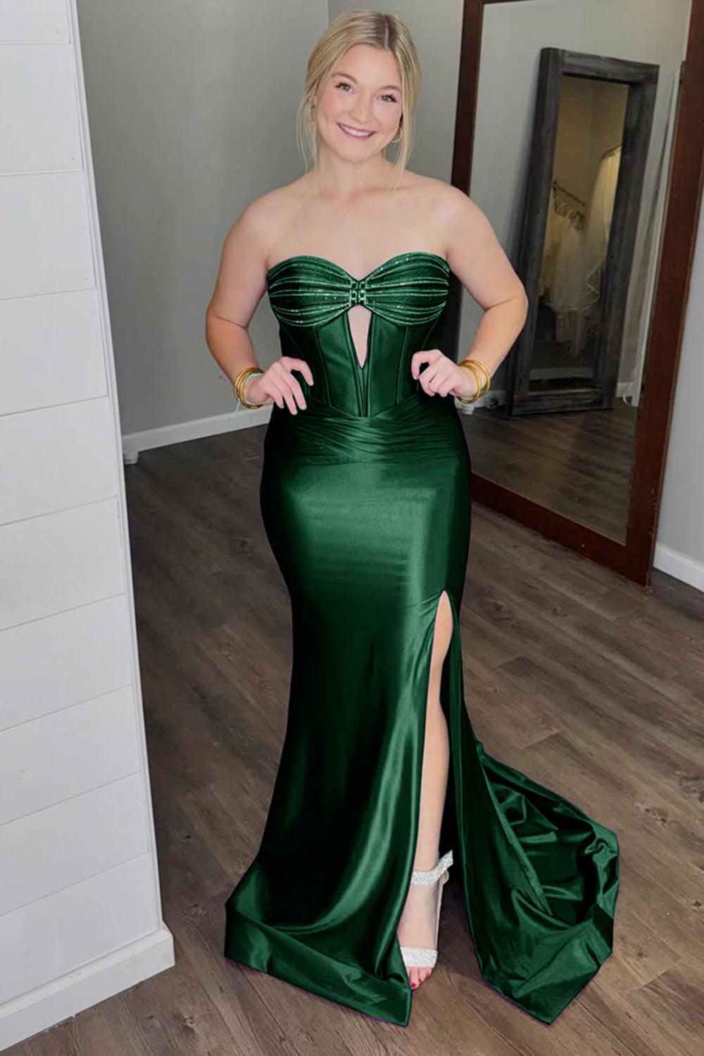 Long Dark Green Beaded Prom Dress with Sparkly Corset and Slit