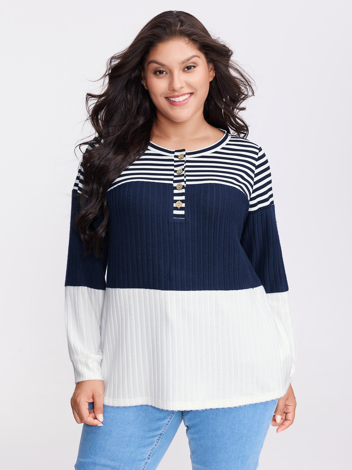 Stripe Ribbed Button Placket T-Shirt
