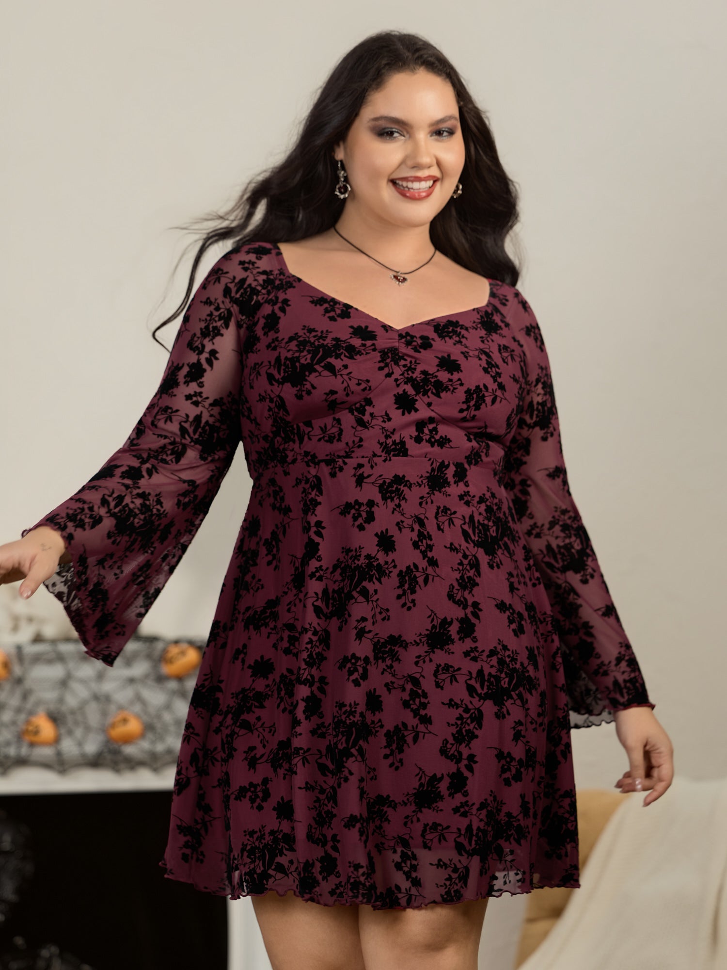 Floral Flocked Mesh Bell Sleeve Mini Dress