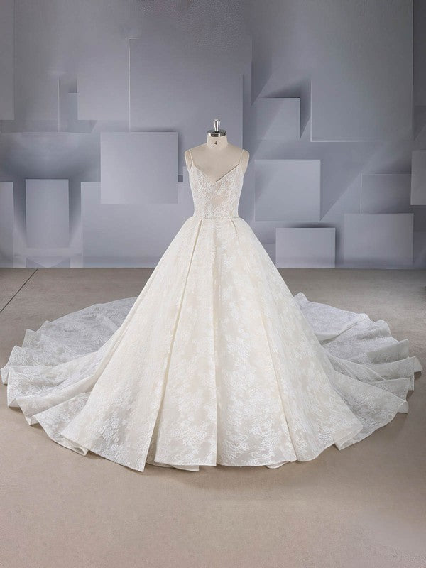 Exquisite Chapel Train Spaghetti Straps V-Neck Lace Ball Gown Wedding Dresses