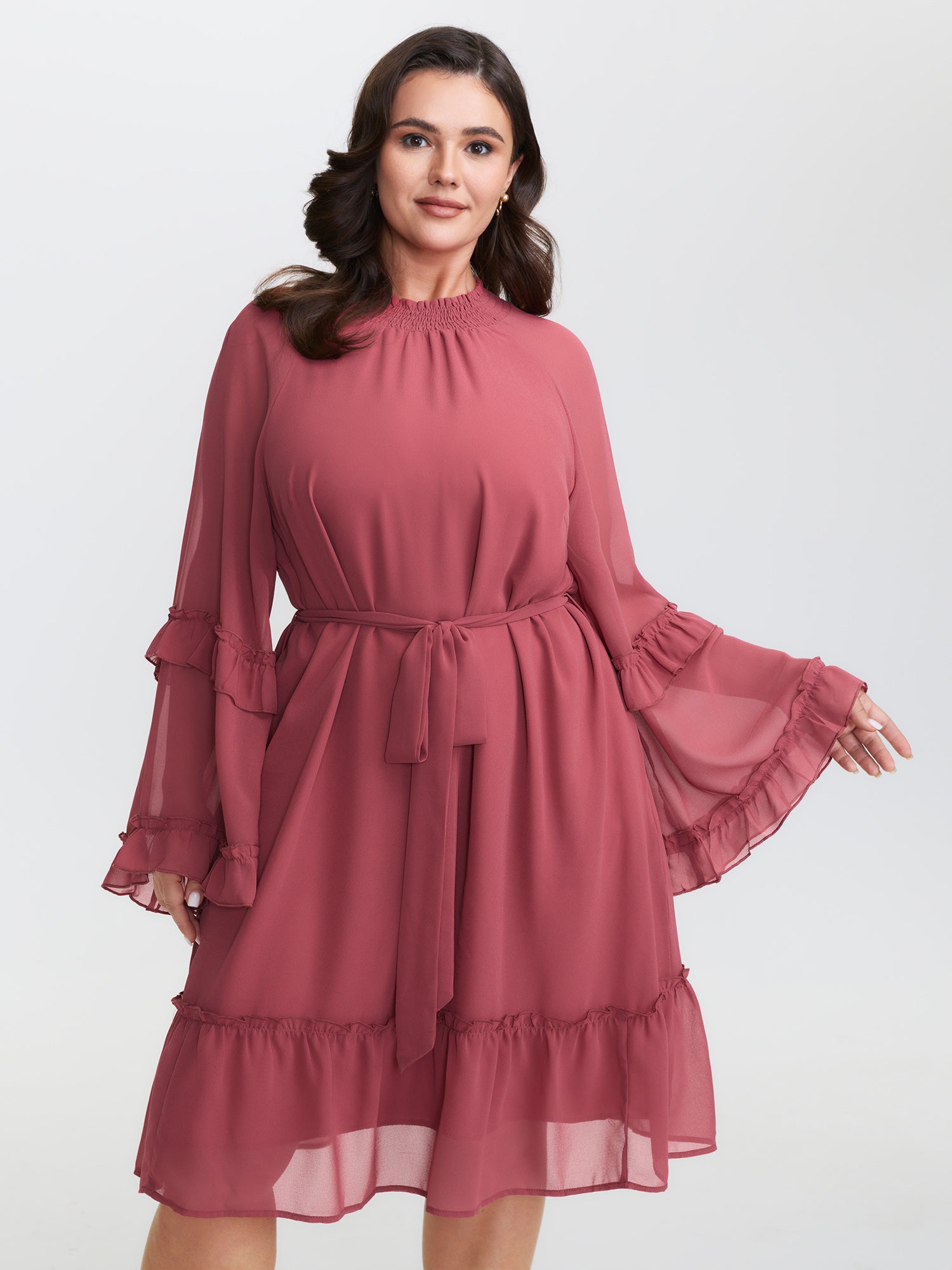 Sheer Ruffled Gathered Neck Belted Mini Dress