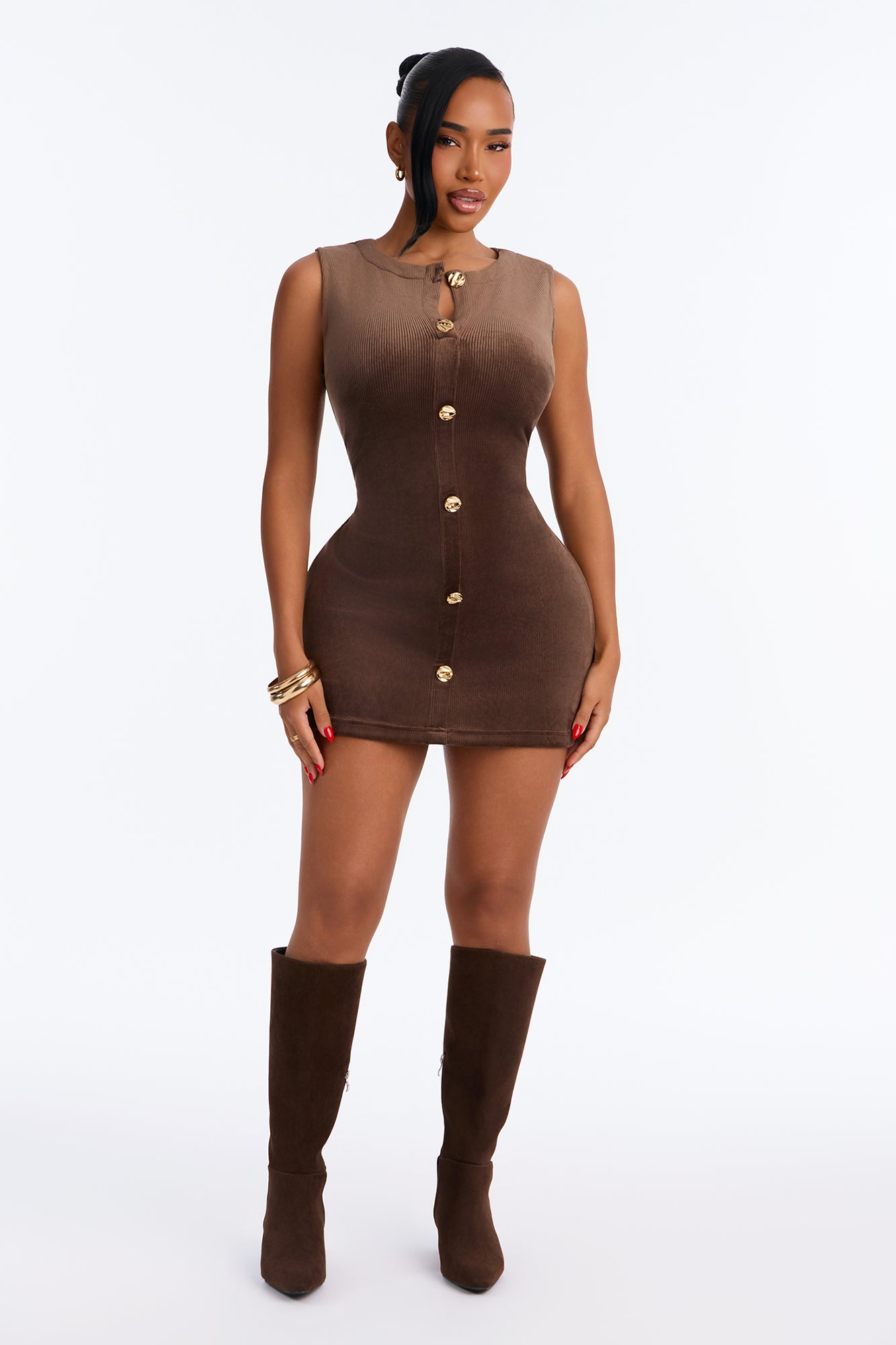 Maria Button Up Corduroy Mini Dress - Brown