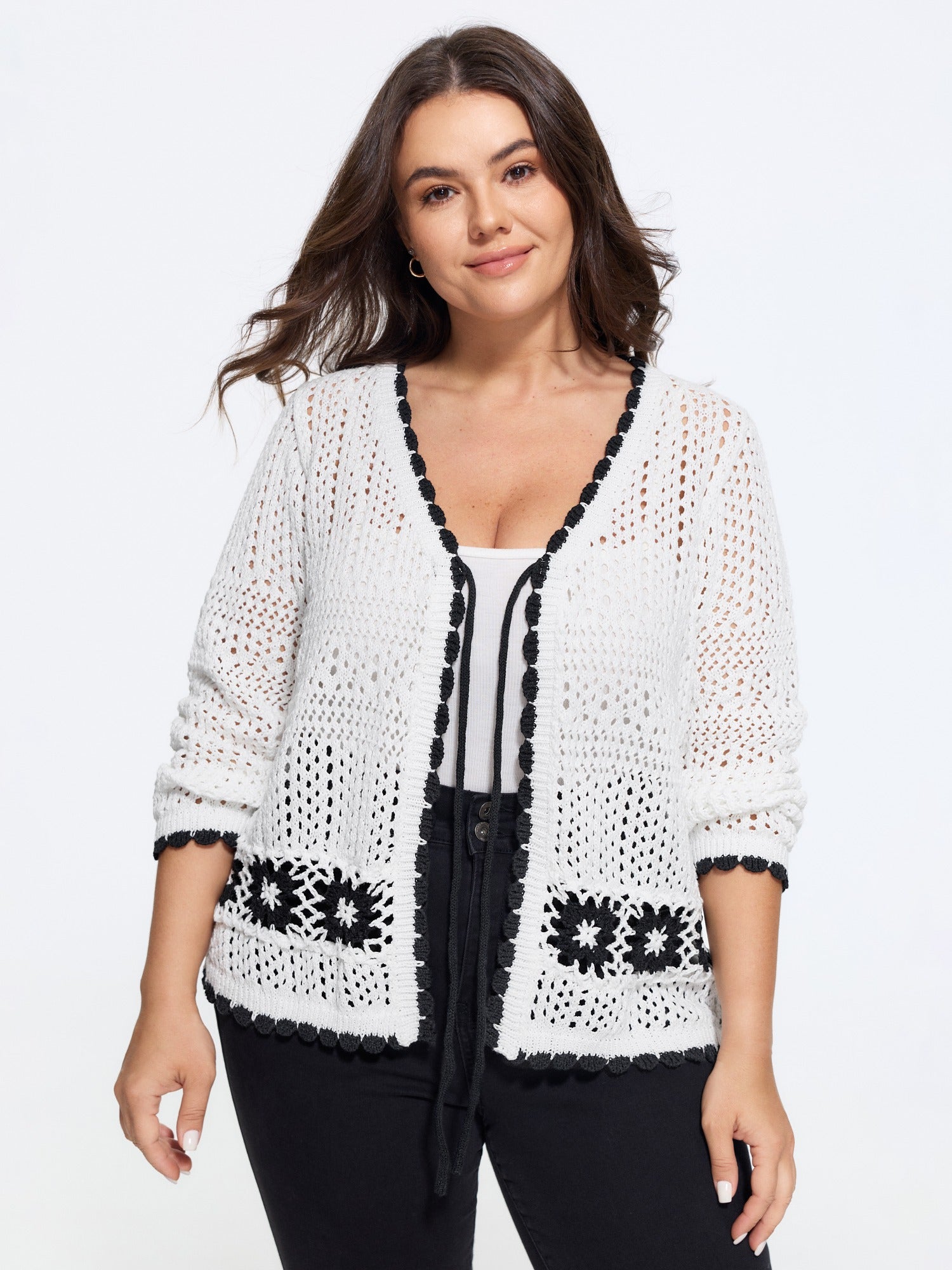 Floral Contrast Hollow Drawstring Cardigan