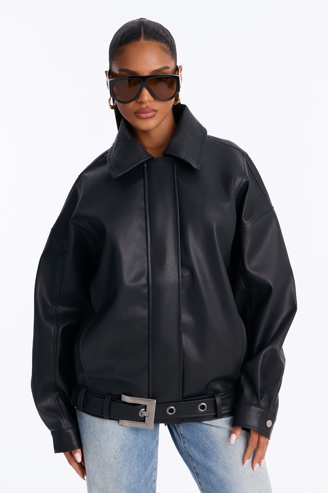 Jacine Faux Leather Drop Waist Belted Bomber Jacket - Black