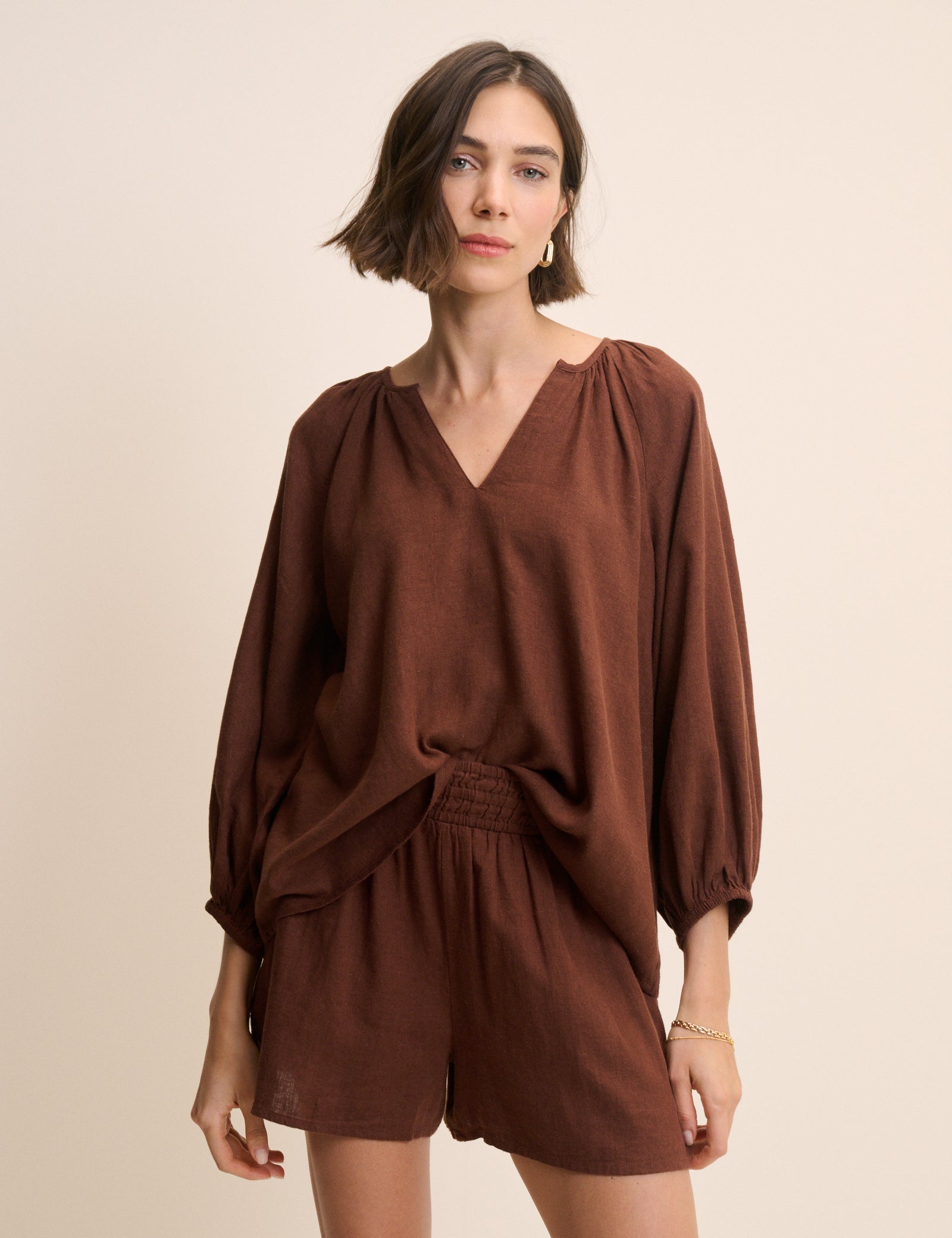 Brown Linen-Rich Blouse