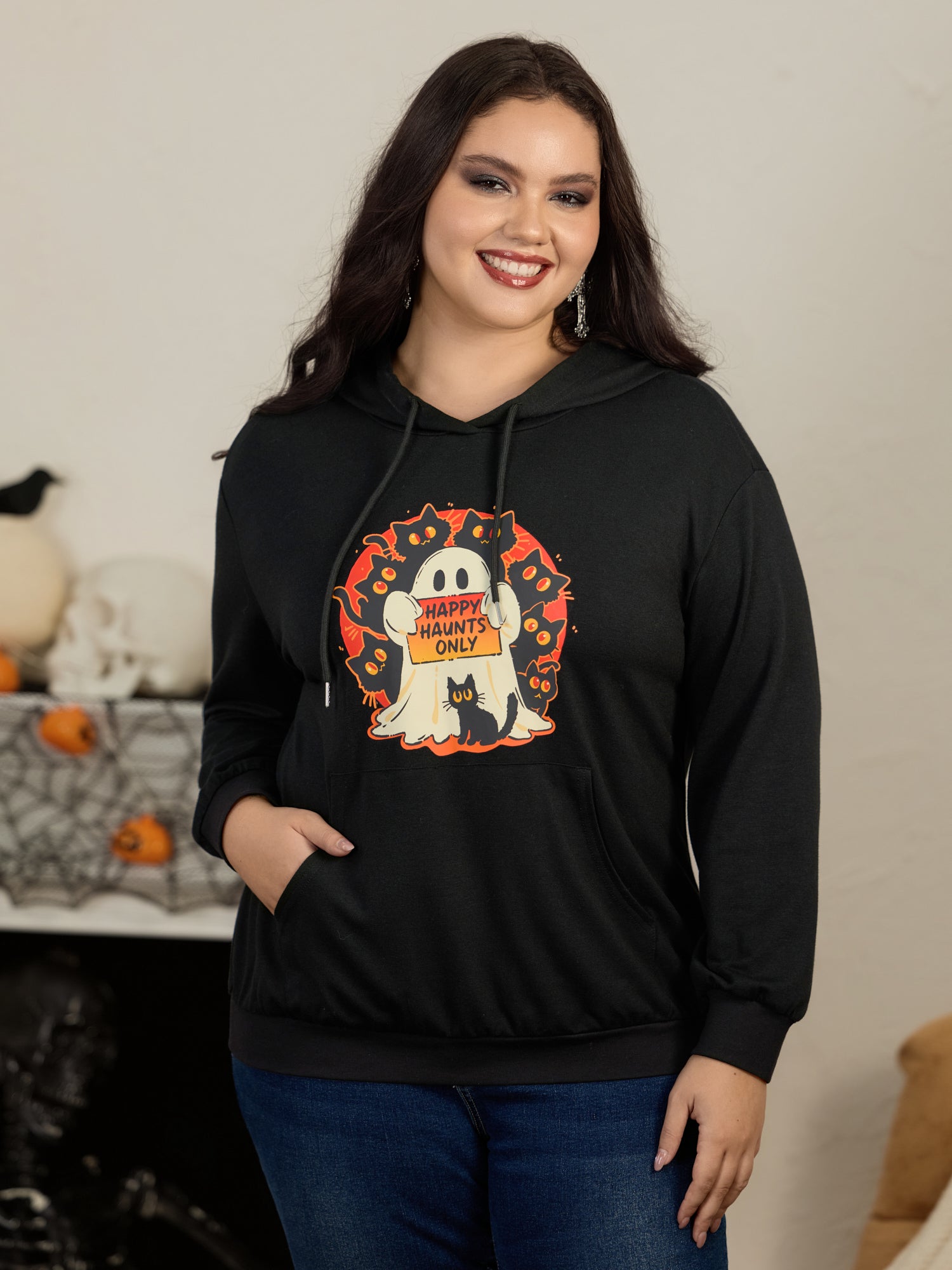 Happy Haunts Only Ghost Cat Print Hoodie Sweatshirt