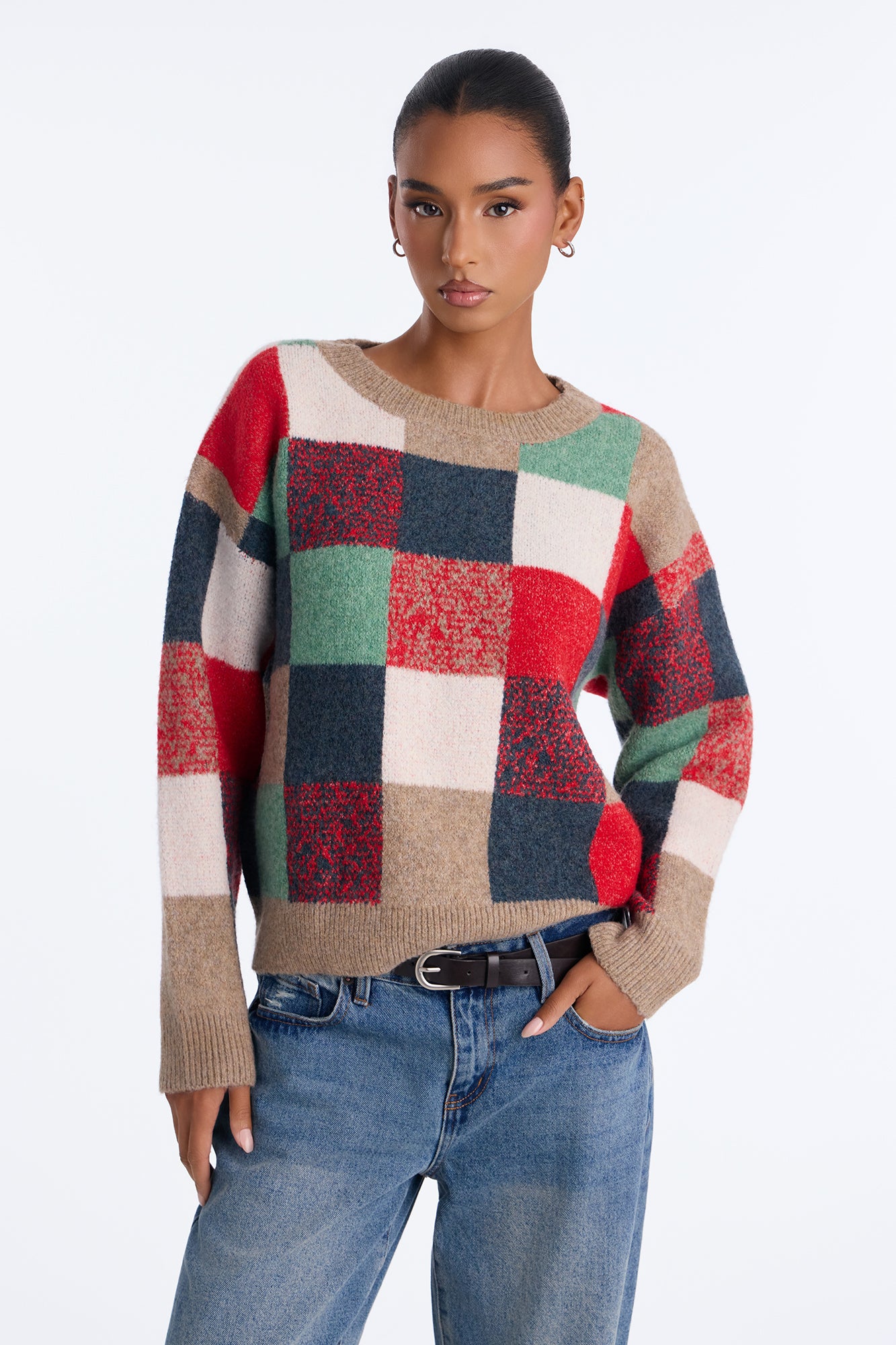 Anya Colorblock Pullover Sweater - Red/combo
