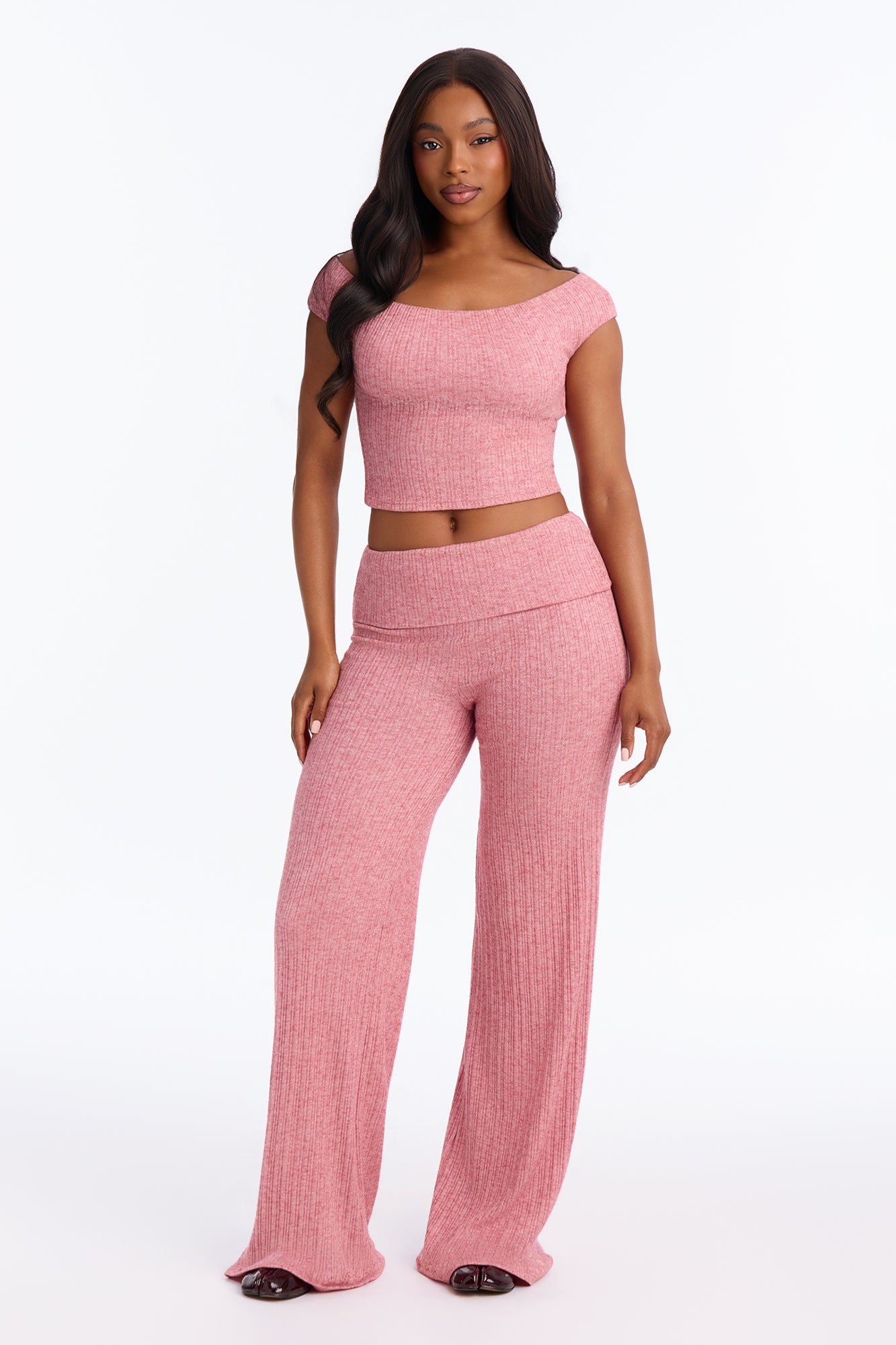 Inez Off Shoulder Sweater Pant Set - Mauve