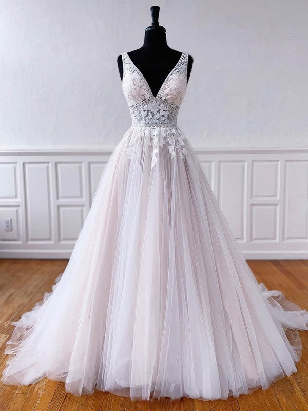 Exquisite Sleeveless A-Line V-Neck Court Train Wedding Dresses with Appliques