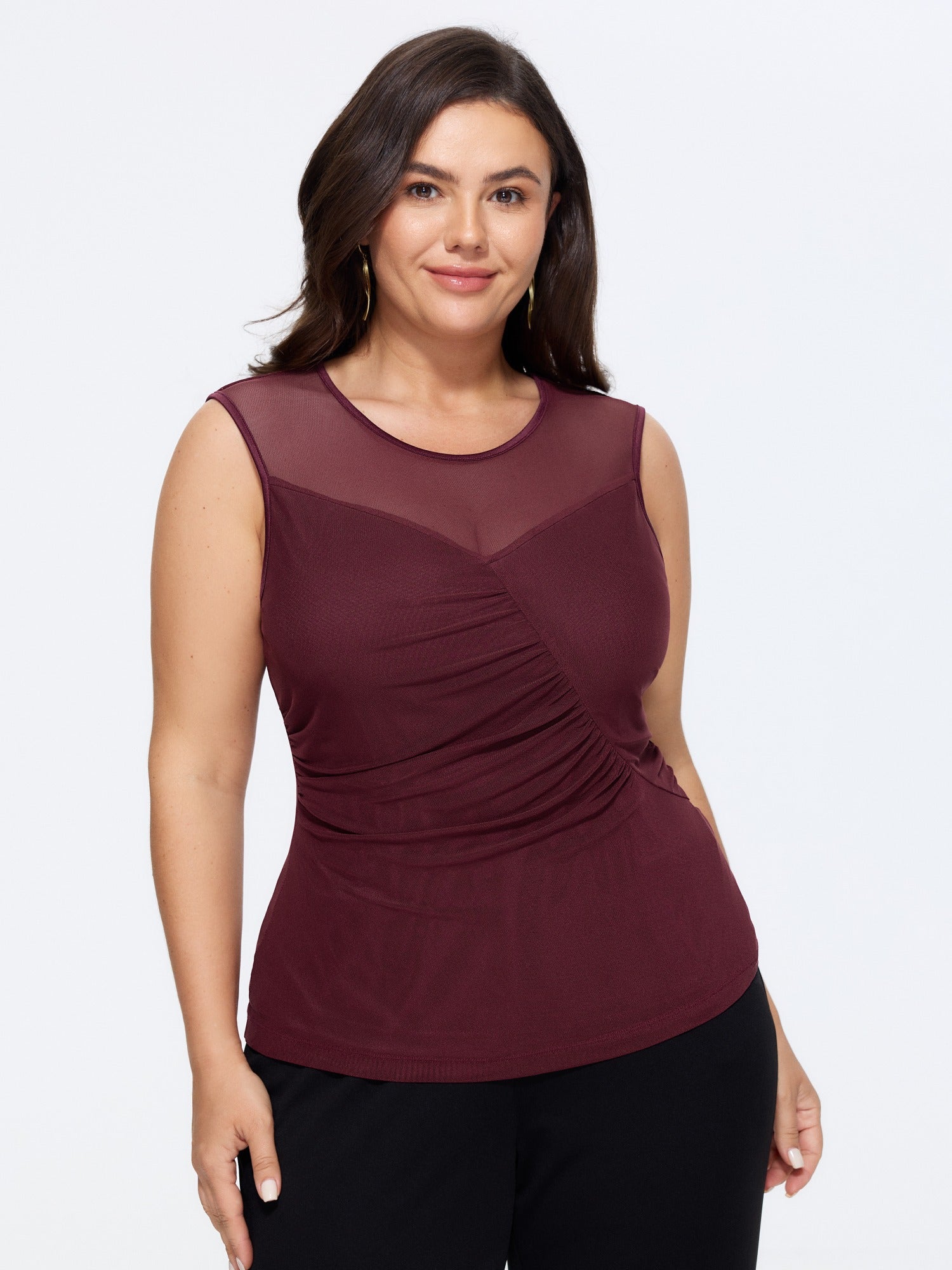 Solid Sheer Mesh Ruched Tank Top
