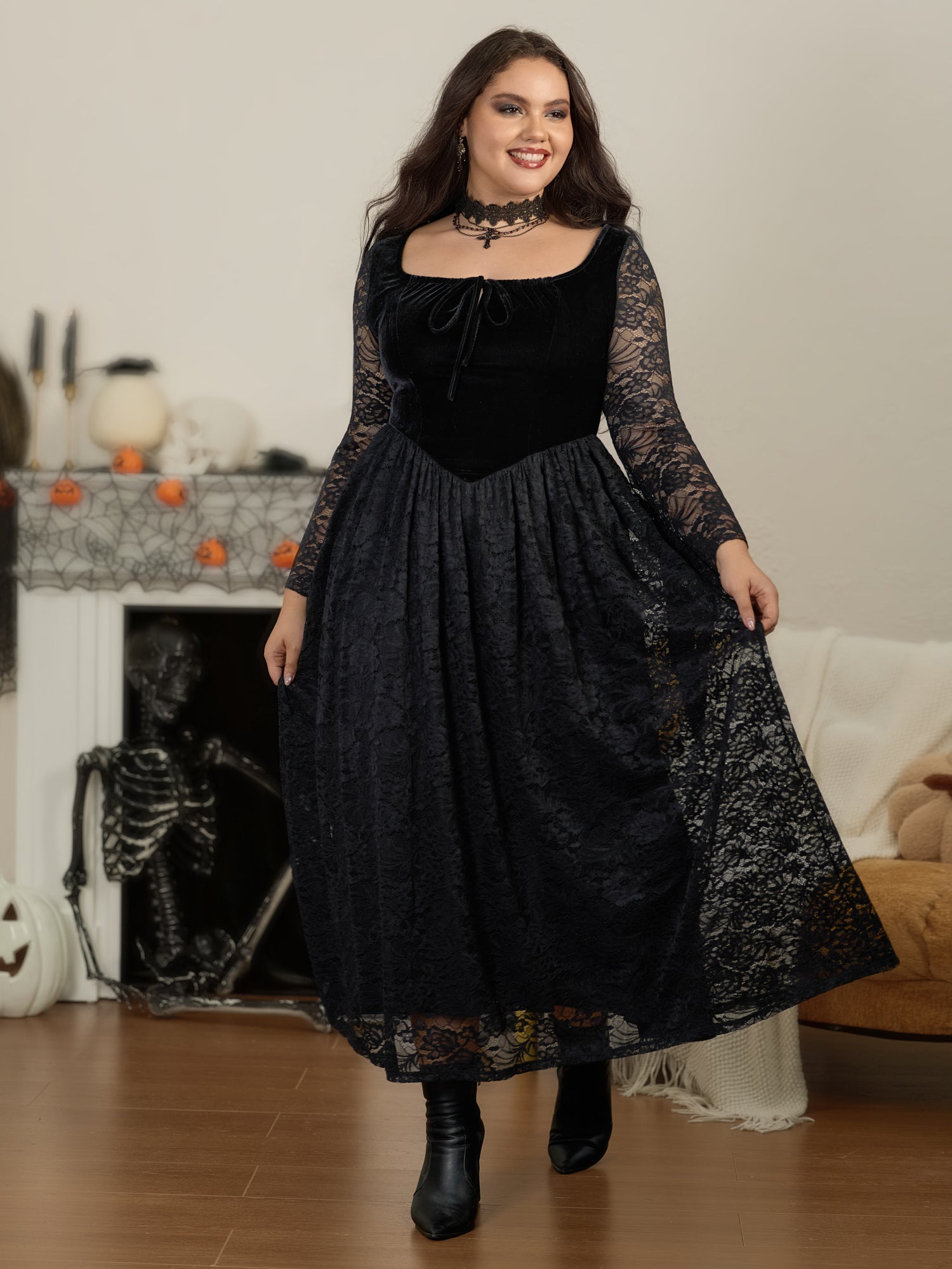 Square Neck Velvet Bodice Full Lace Gothic Maxi Dress