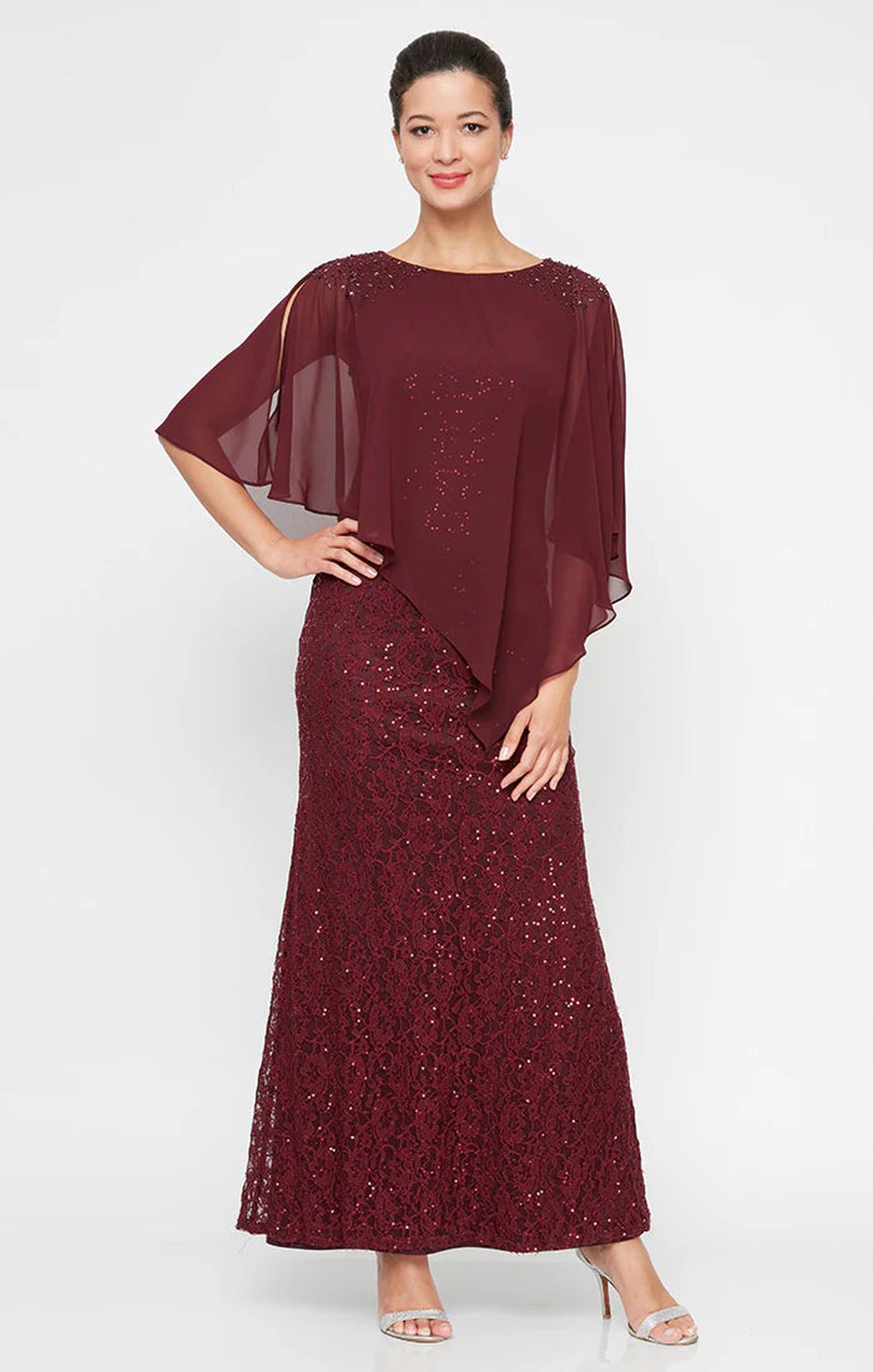 S.L. Fashions 9213121 - Sequin Lace Capelet Dress