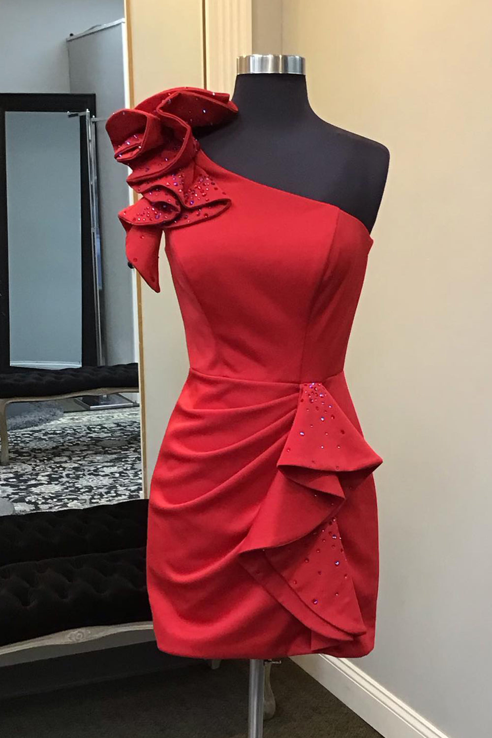 Glitter Red One Shoulder Tiered Homecoming Dress/Mini Dress With Beadings