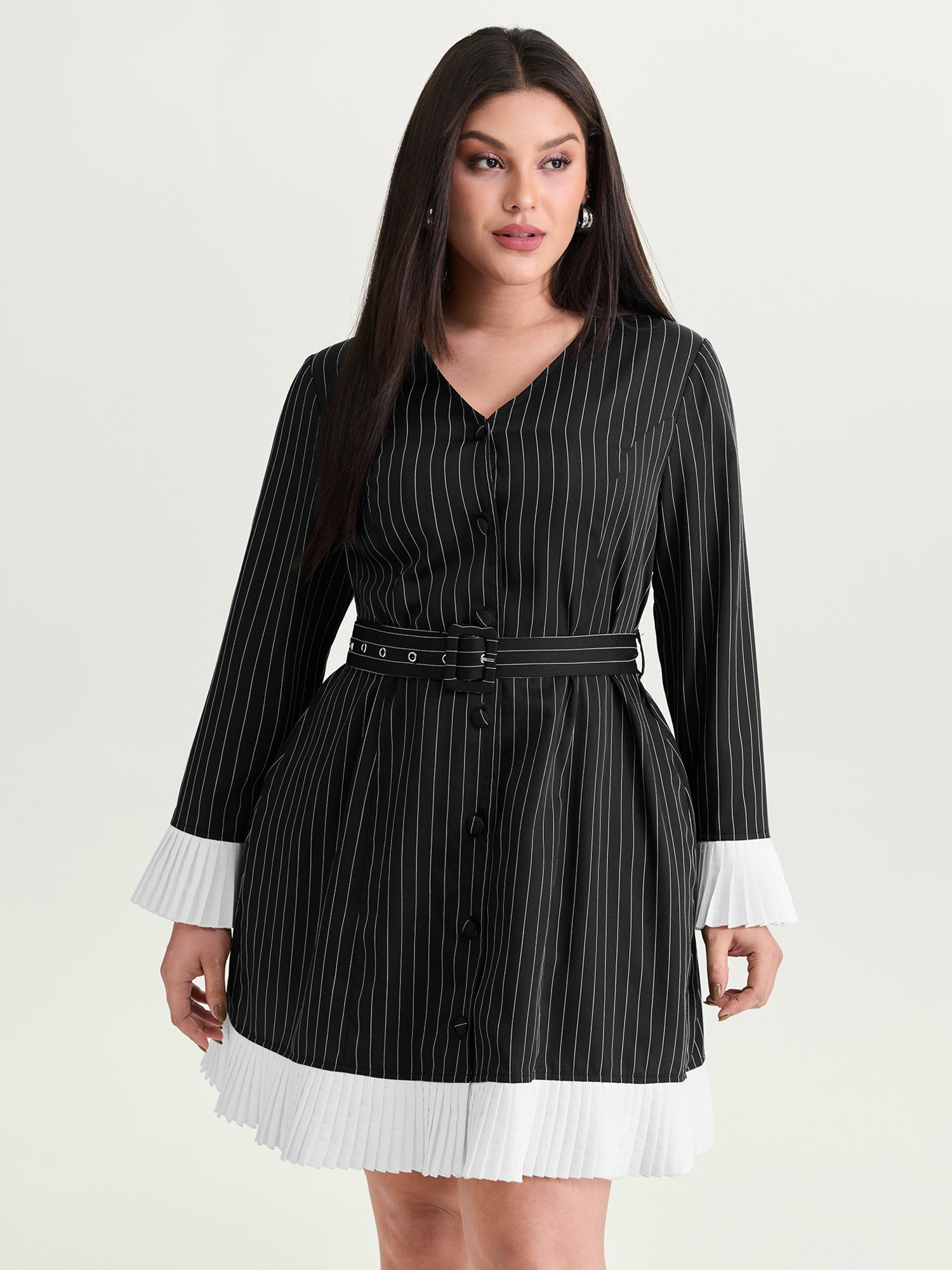 Striped Pleated Hem Belted Mini Dress