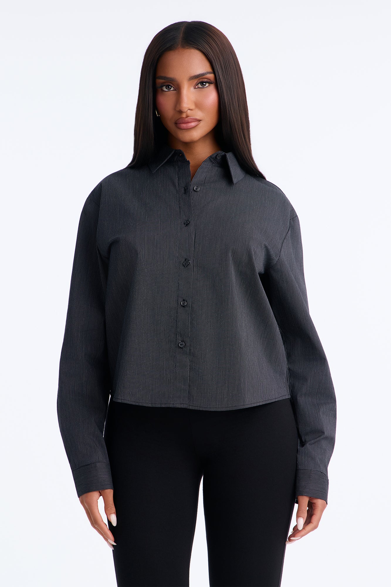 Pin Striped Poplin Button Down Collared Cropped Shirt - Black/White