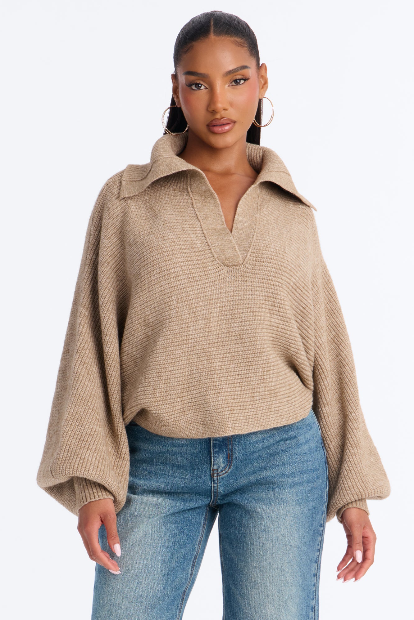 Mellow Breeze Pullover Collared Sweater - Taupe