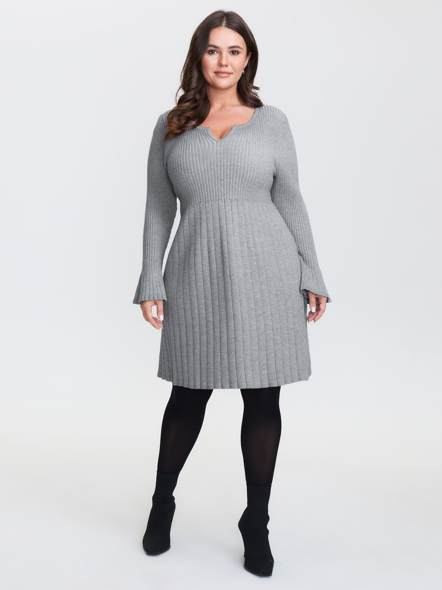 Supersoft Ribbed Split Neckline Flared Cuff Mini Dress