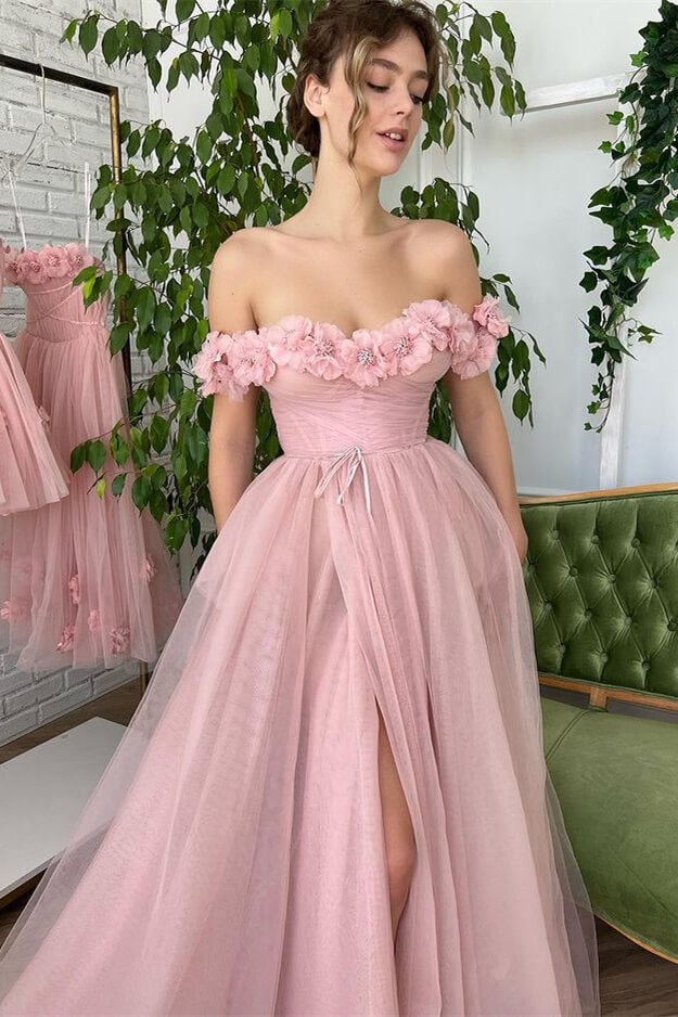 Dusty Pink A-Line Slit Strapless Off-The-Shoulder Evening Dress With Tulle Appliques