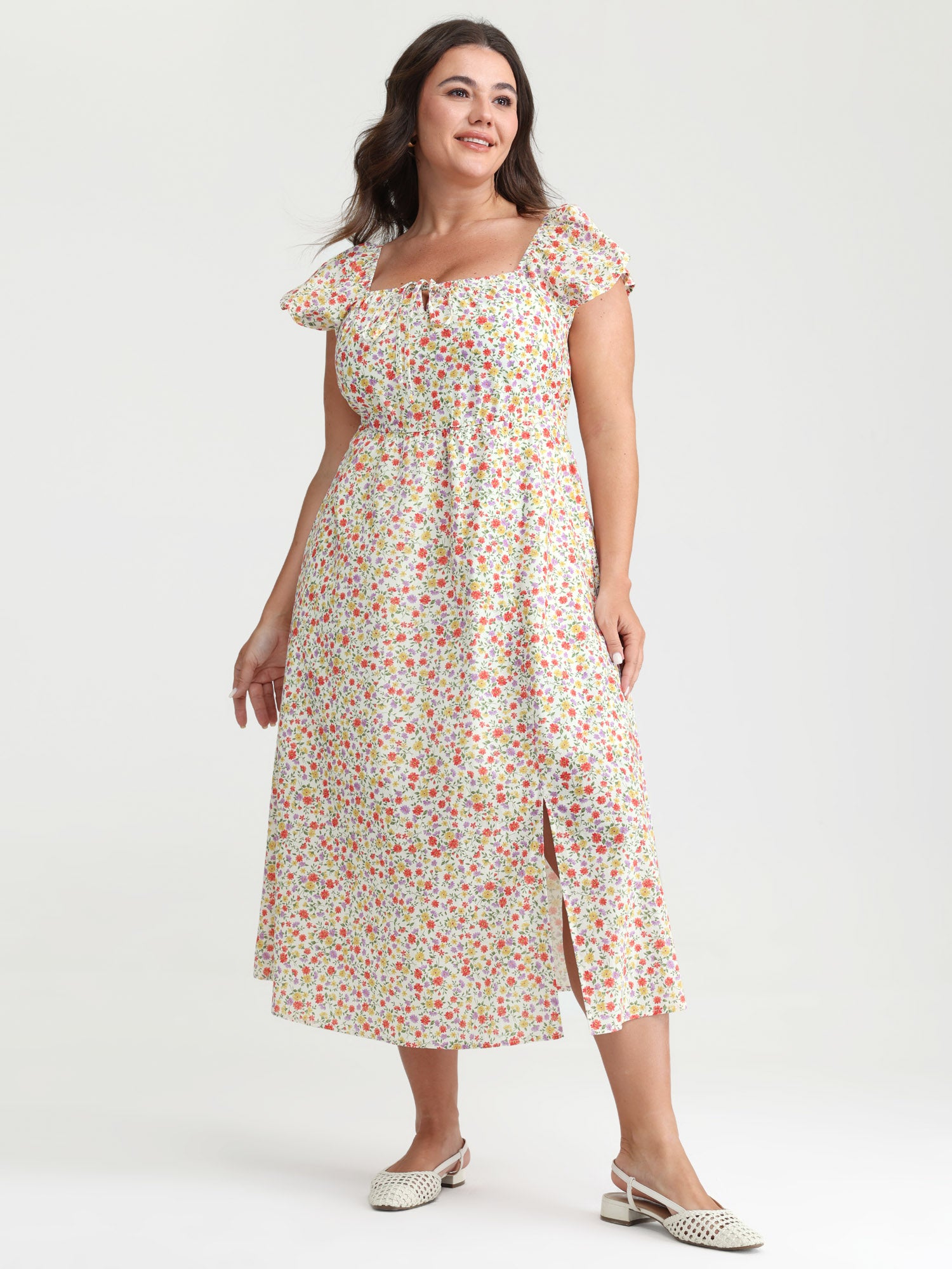 Pure Cotton Adjustable Neckline Floral Midi Dress