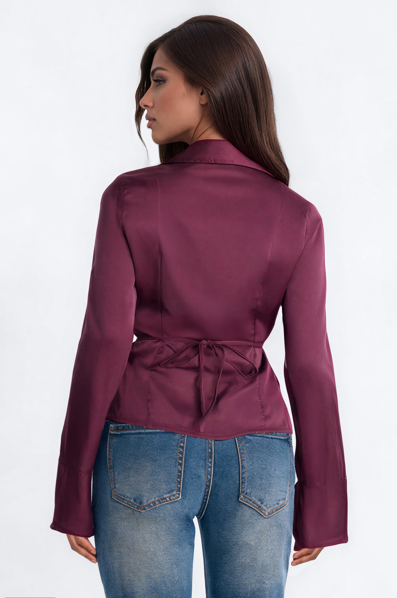 Flirty Temptation Satin Long Sleeve Blouse - Burgundy