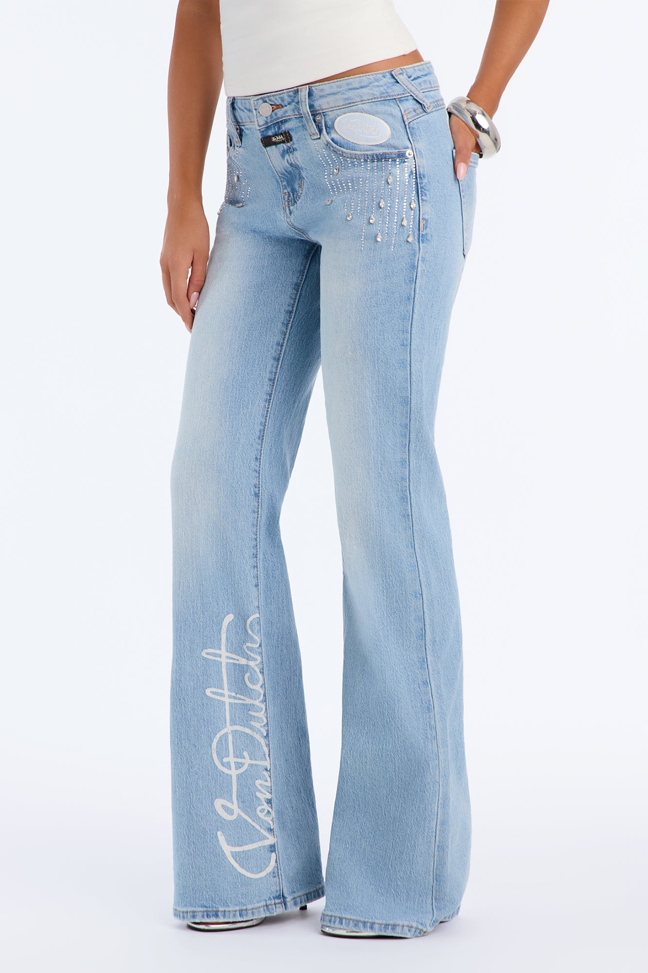 Von Dutch Embellished Low Rise Flare Jeans - Medium Wash